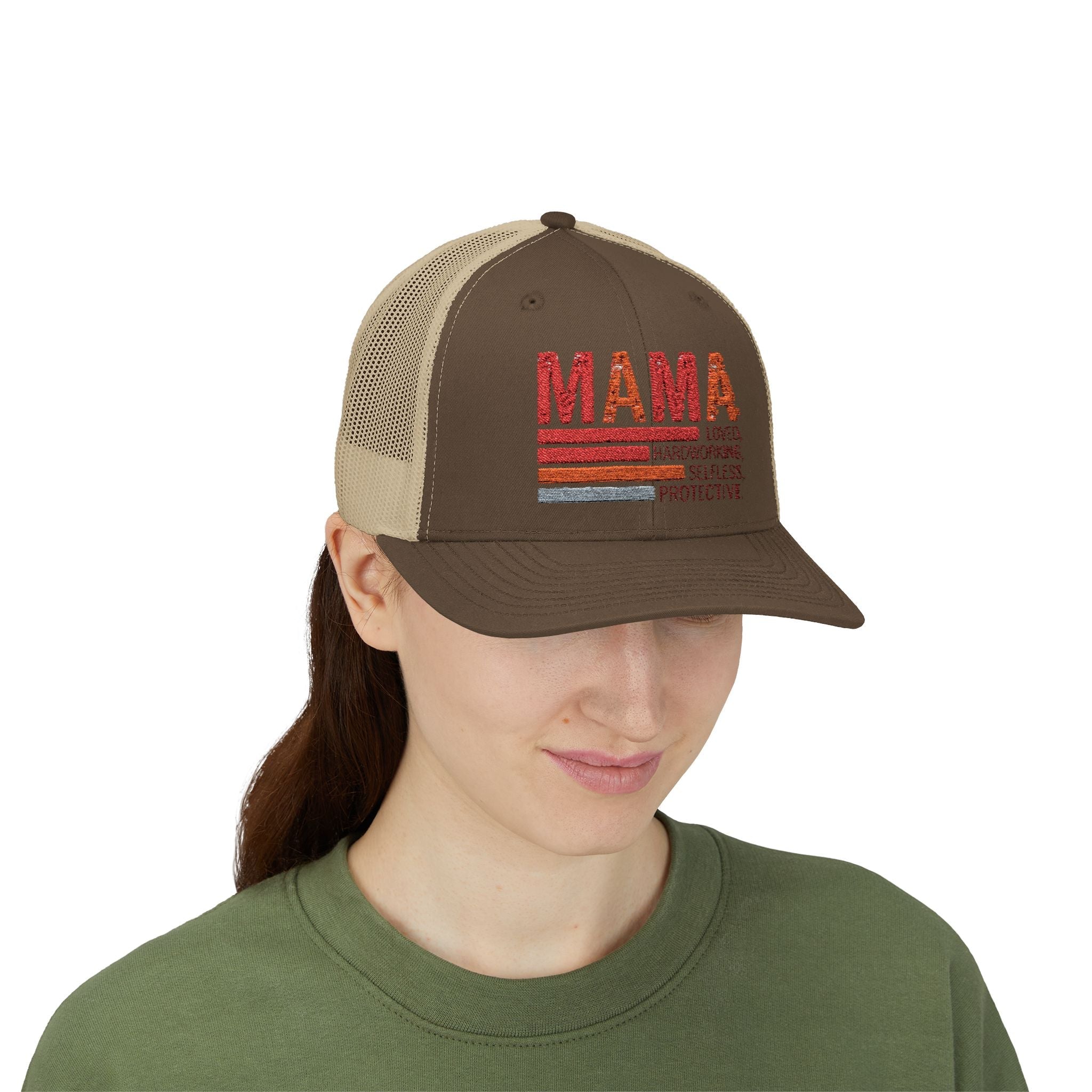 Mama Trucker Cap — Retro Stripes "Mama: Loved, Hardworking, Selfless, Protective" - Grace & Grit Boutique