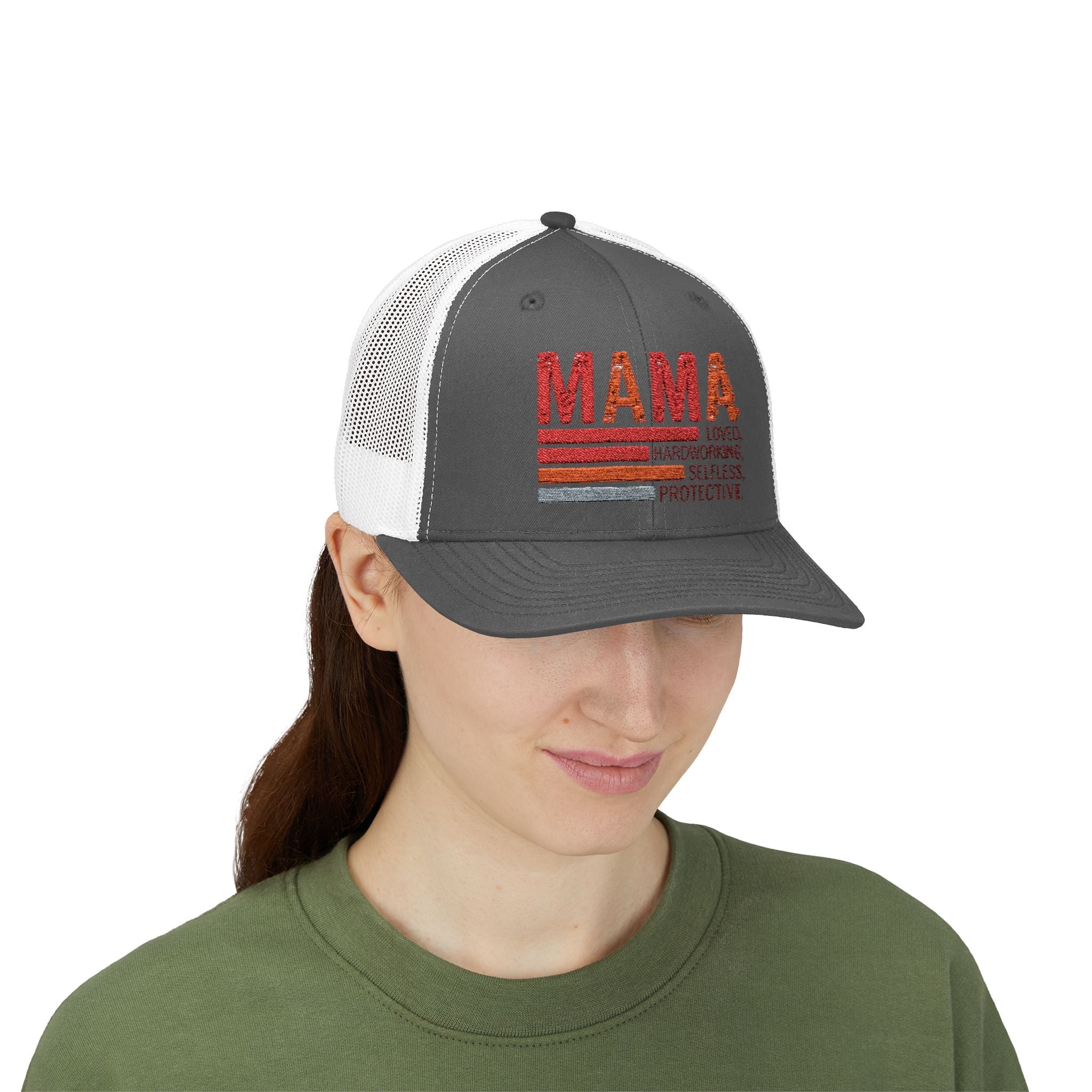 Mama Trucker Cap — Retro Stripes "Mama: Loved, Hardworking, Selfless, Protective" - Grace & Grit Boutique