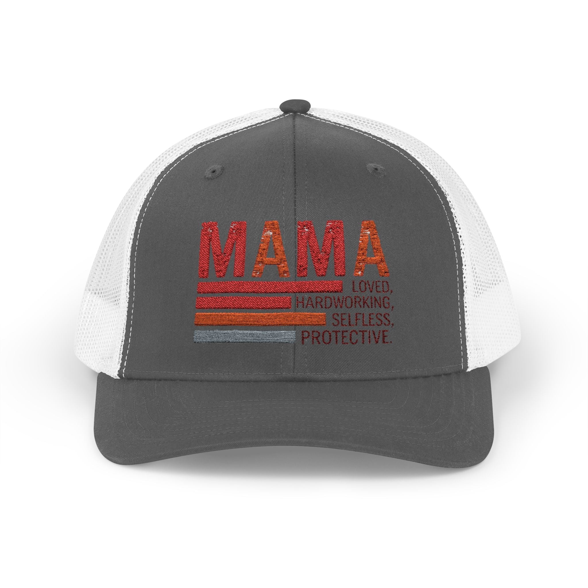 Mama Trucker Cap — Retro Stripes "Mama: Loved, Hardworking, Selfless, Protective" - Grace & Grit Boutique