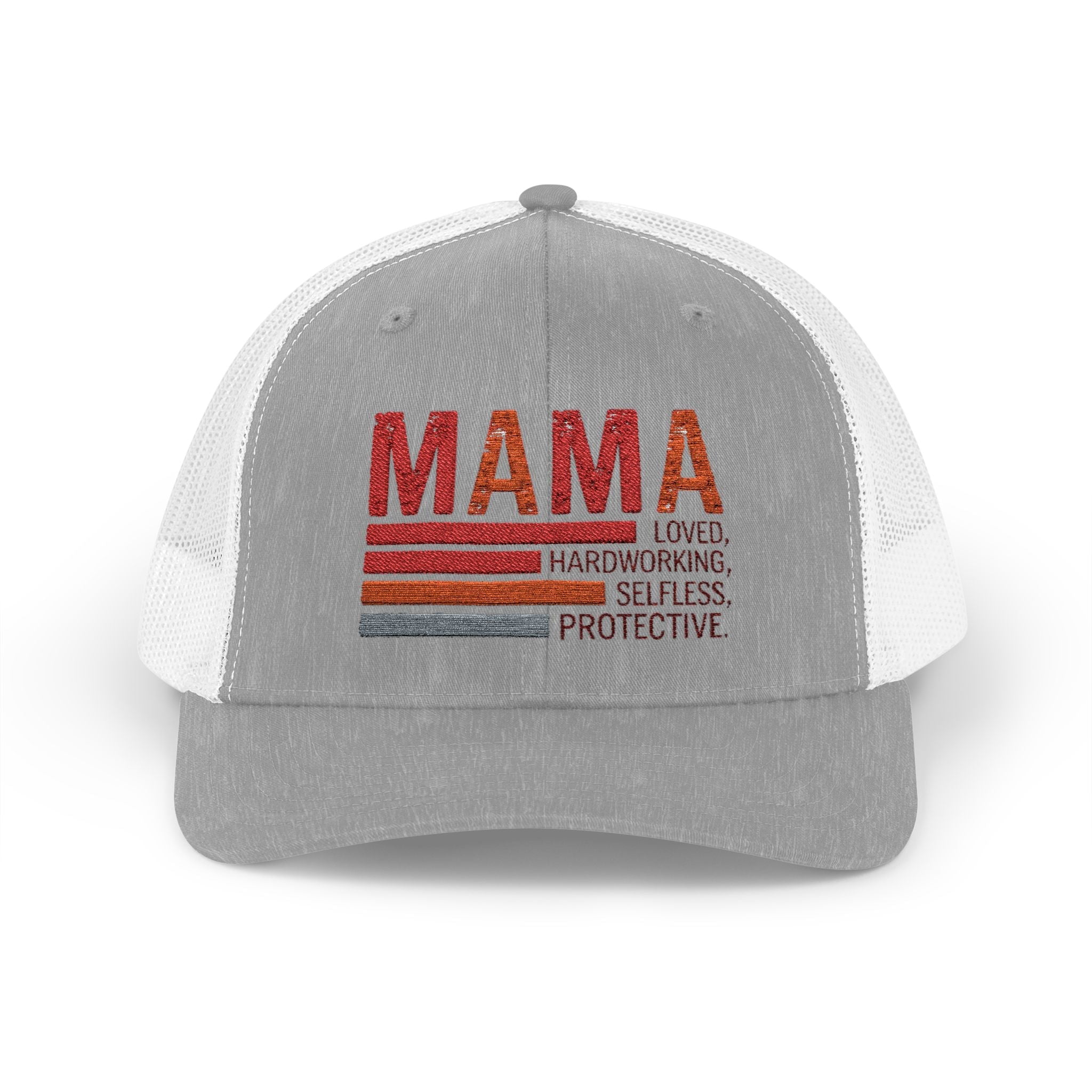Mama Trucker Cap — Retro Stripes "Mama: Loved, Hardworking, Selfless, Protective" - Grace & Grit Boutique