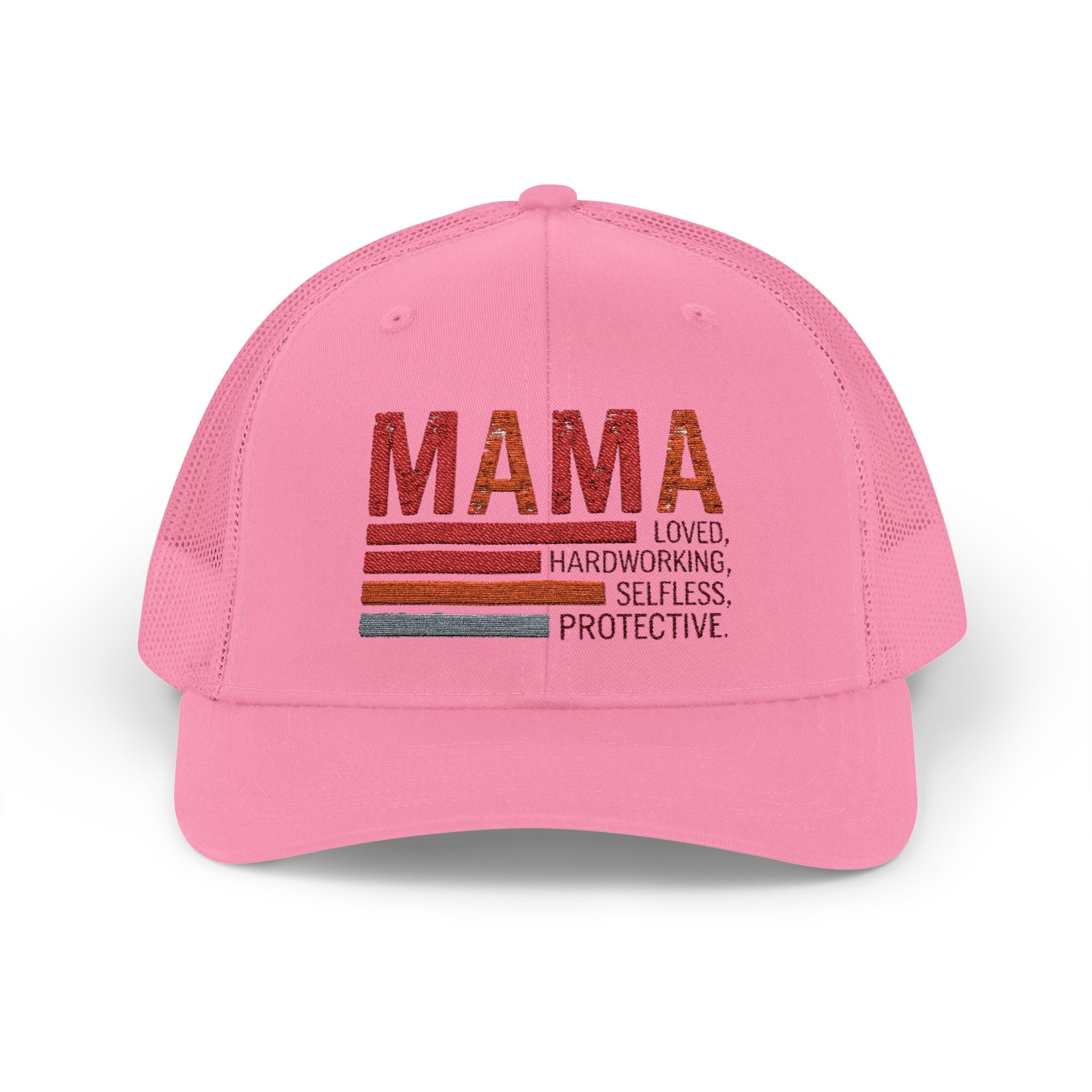 Mama Trucker Cap — Retro Stripes "Mama: Loved, Hardworking, Selfless, Protective" - Grace & Grit Boutique