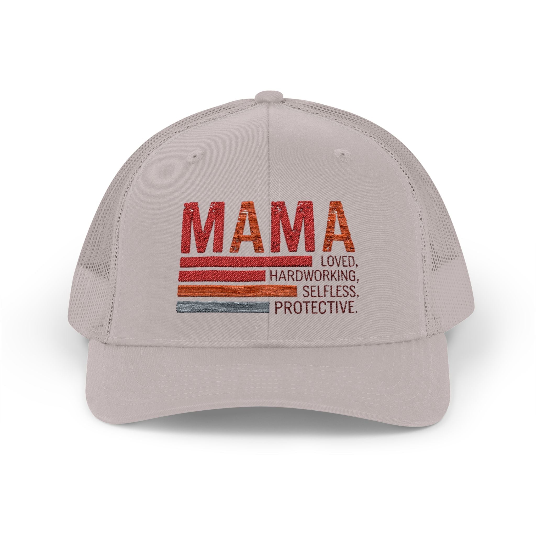 Mama Trucker Cap — Retro Stripes "Mama: Loved, Hardworking, Selfless, Protective" - Grace & Grit Boutique