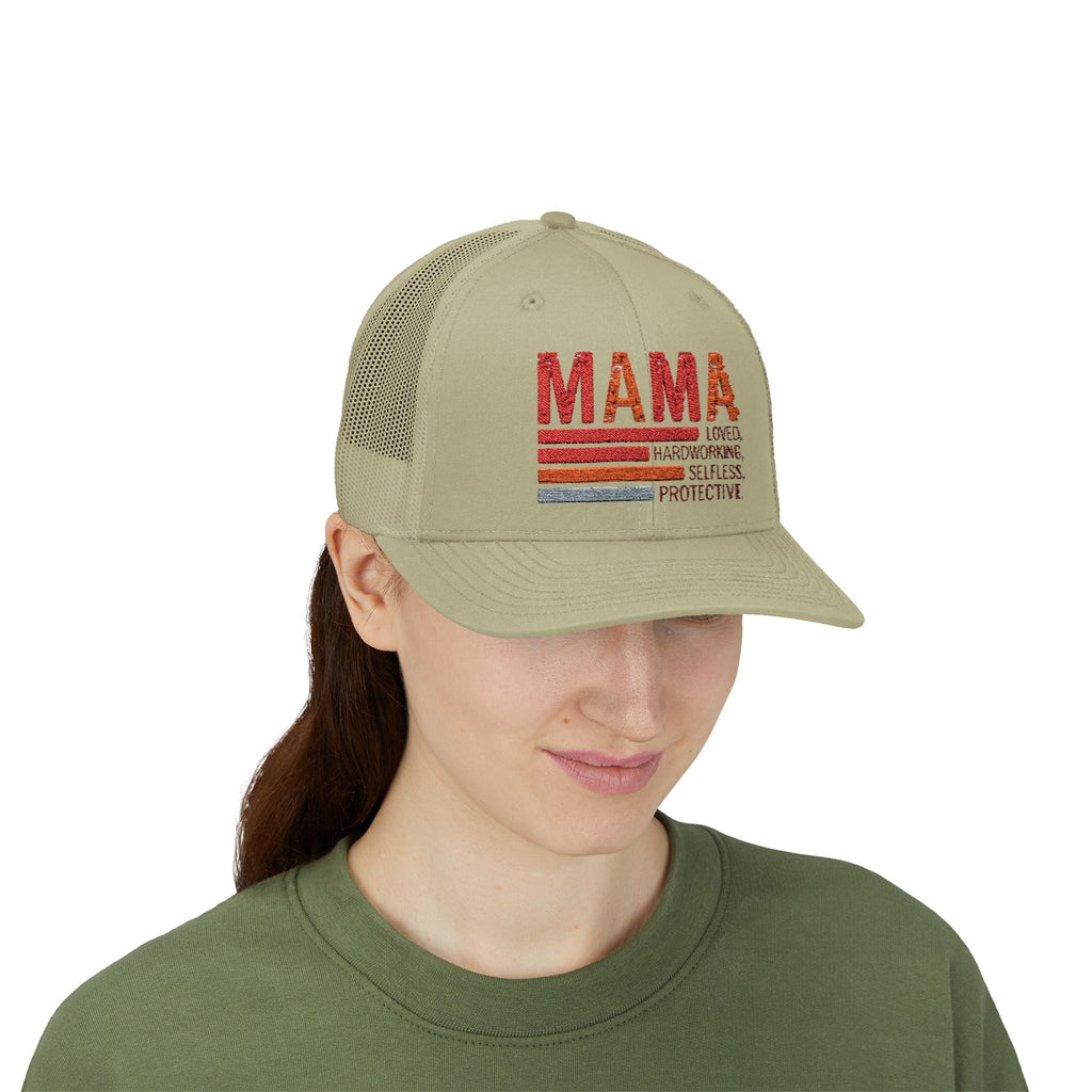 Mama Trucker Cap — Retro Stripes "Mama: Loved, Hardworking, Selfless, Protective" - Grace & Grit Boutique