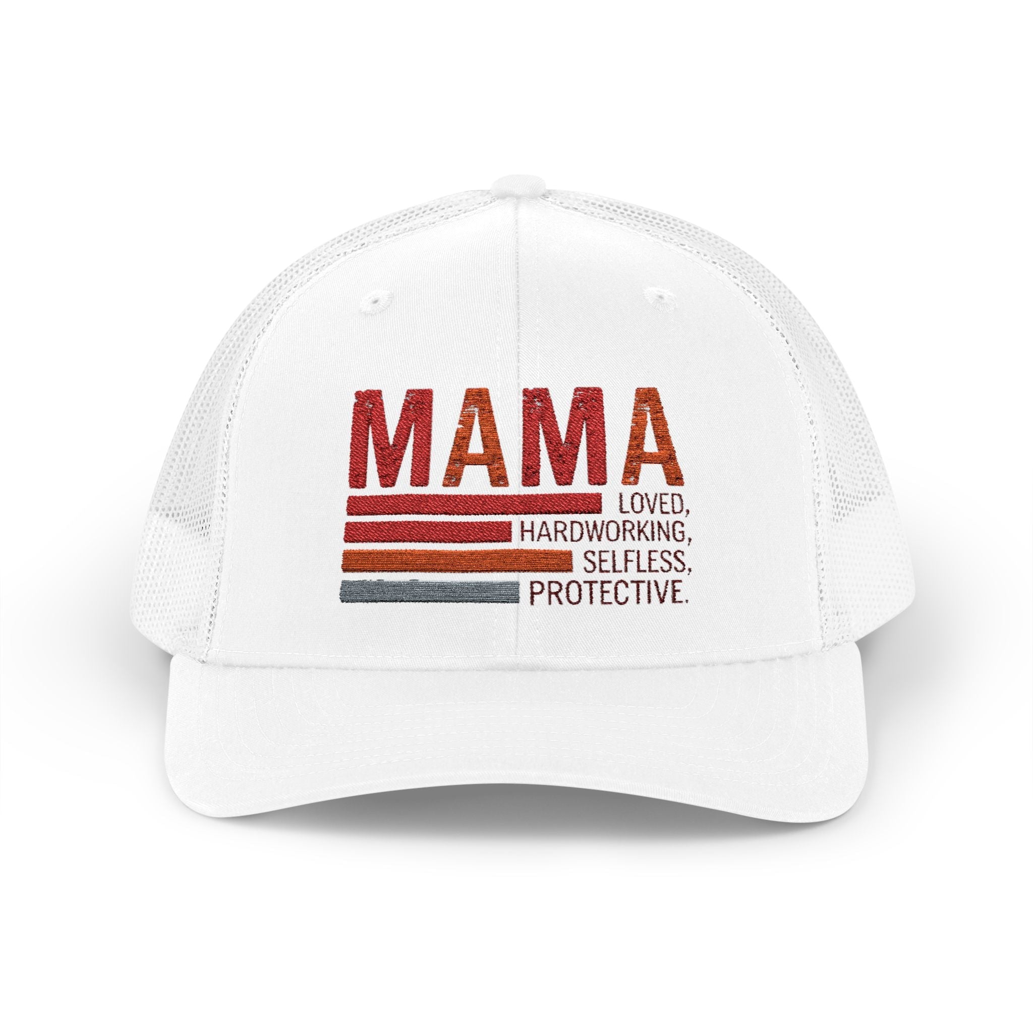 Mama Trucker Cap — Retro Stripes "Mama: Loved, Hardworking, Selfless, Protective" - Grace & Grit Boutique