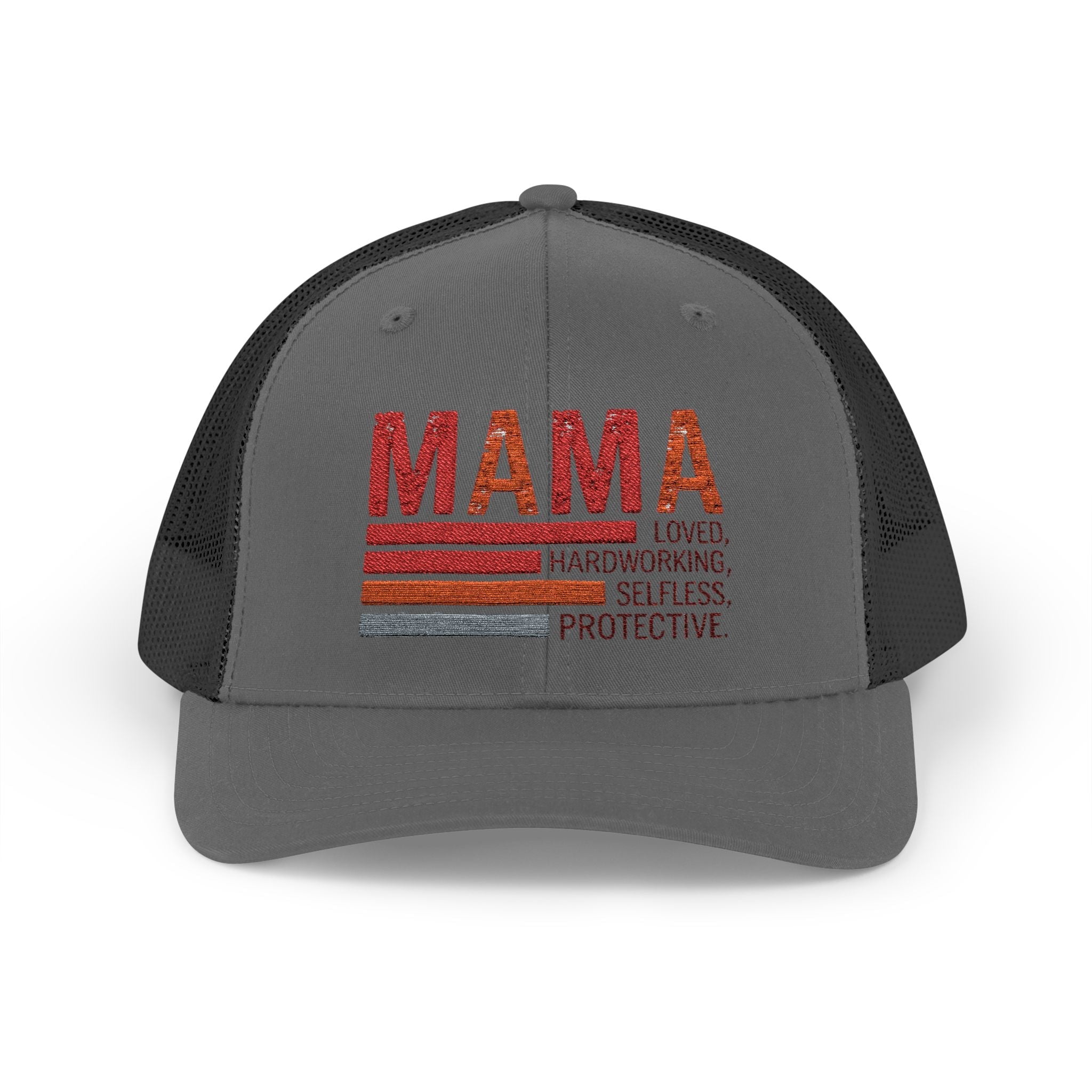 Mama Trucker Cap — Retro Stripes "Mama: Loved, Hardworking, Selfless, Protective" - Grace & Grit Boutique