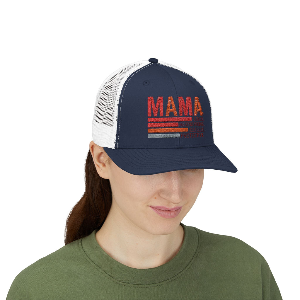 Mama Trucker Cap — Retro Stripes "Mama: Loved, Hardworking, Selfless, Protective" - Grace & Grit Boutique