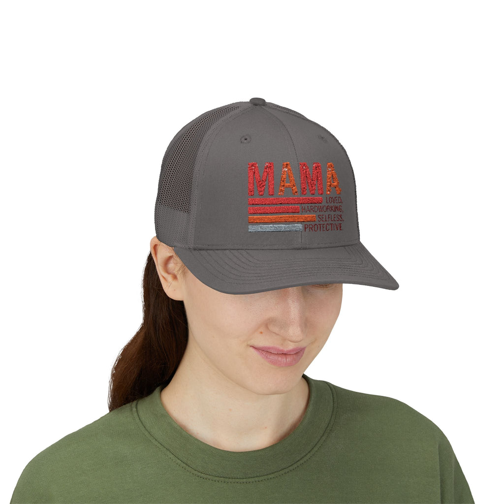 Mama Trucker Cap — Retro Stripes "Mama: Loved, Hardworking, Selfless, Protective" - Grace & Grit Boutique