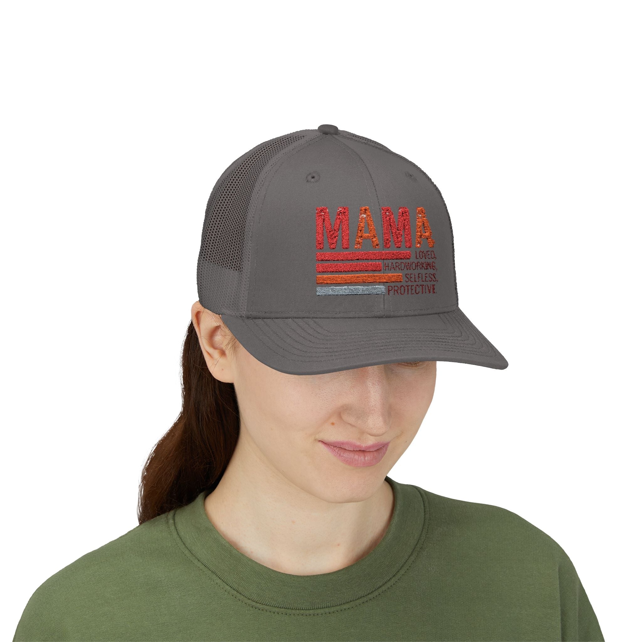 Mama Trucker Cap — Retro Stripes "Mama: Loved, Hardworking, Selfless, Protective" - Grace & Grit Boutique