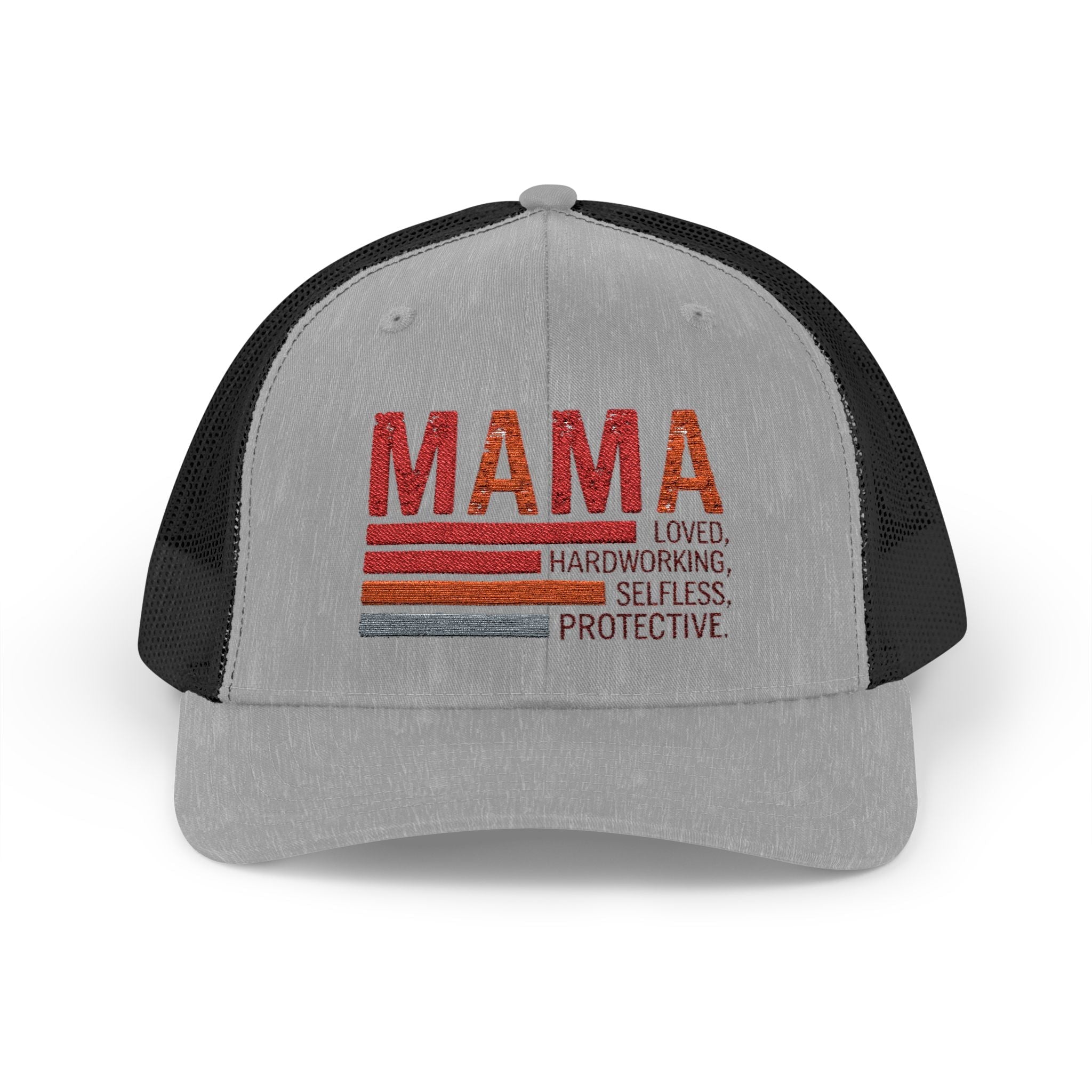 Mama Trucker Cap — Retro Stripes "Mama: Loved, Hardworking, Selfless, Protective" - Grace & Grit Boutique
