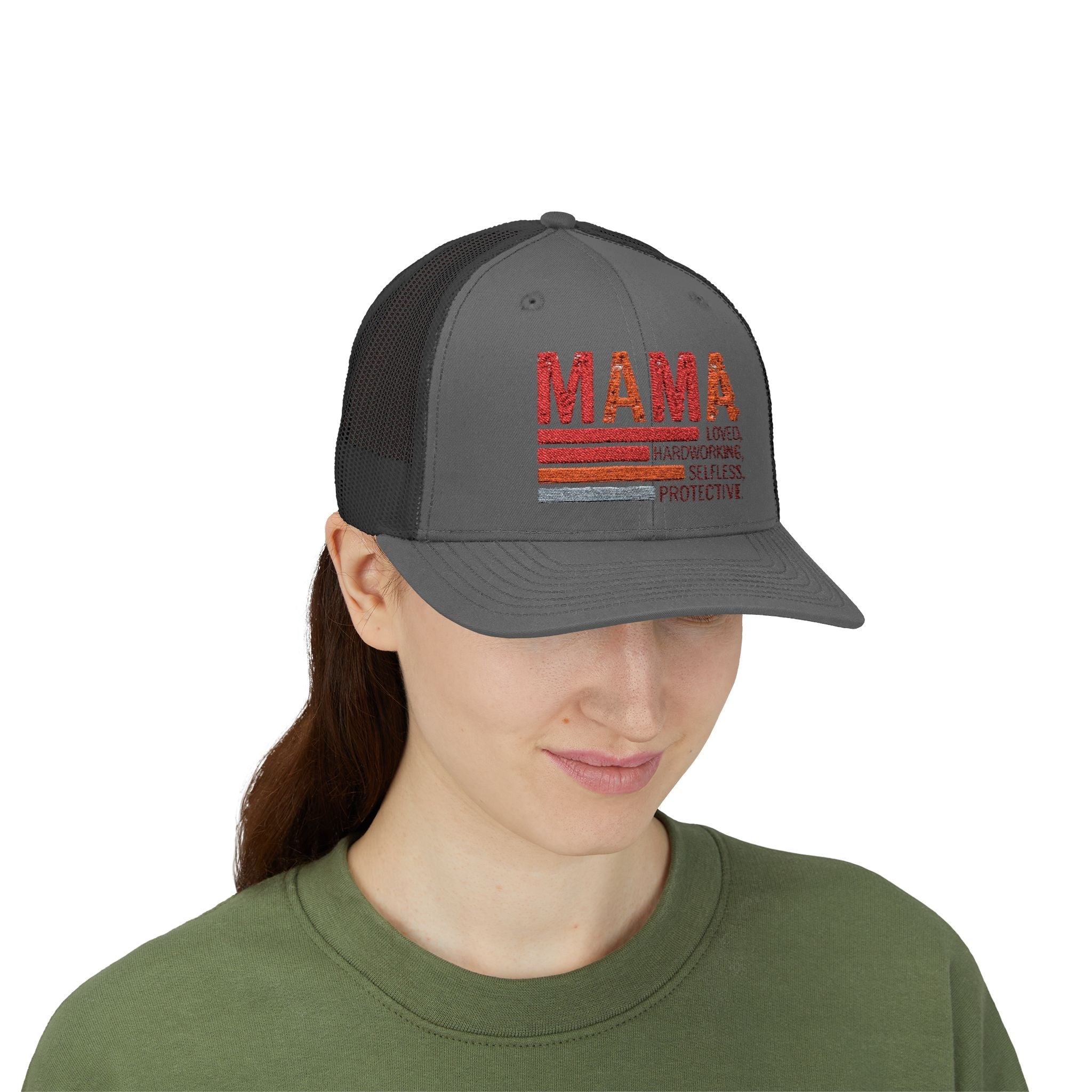 Mama Trucker Cap — Retro Stripes "Mama: Loved, Hardworking, Selfless, Protective" - Grace & Grit Boutique