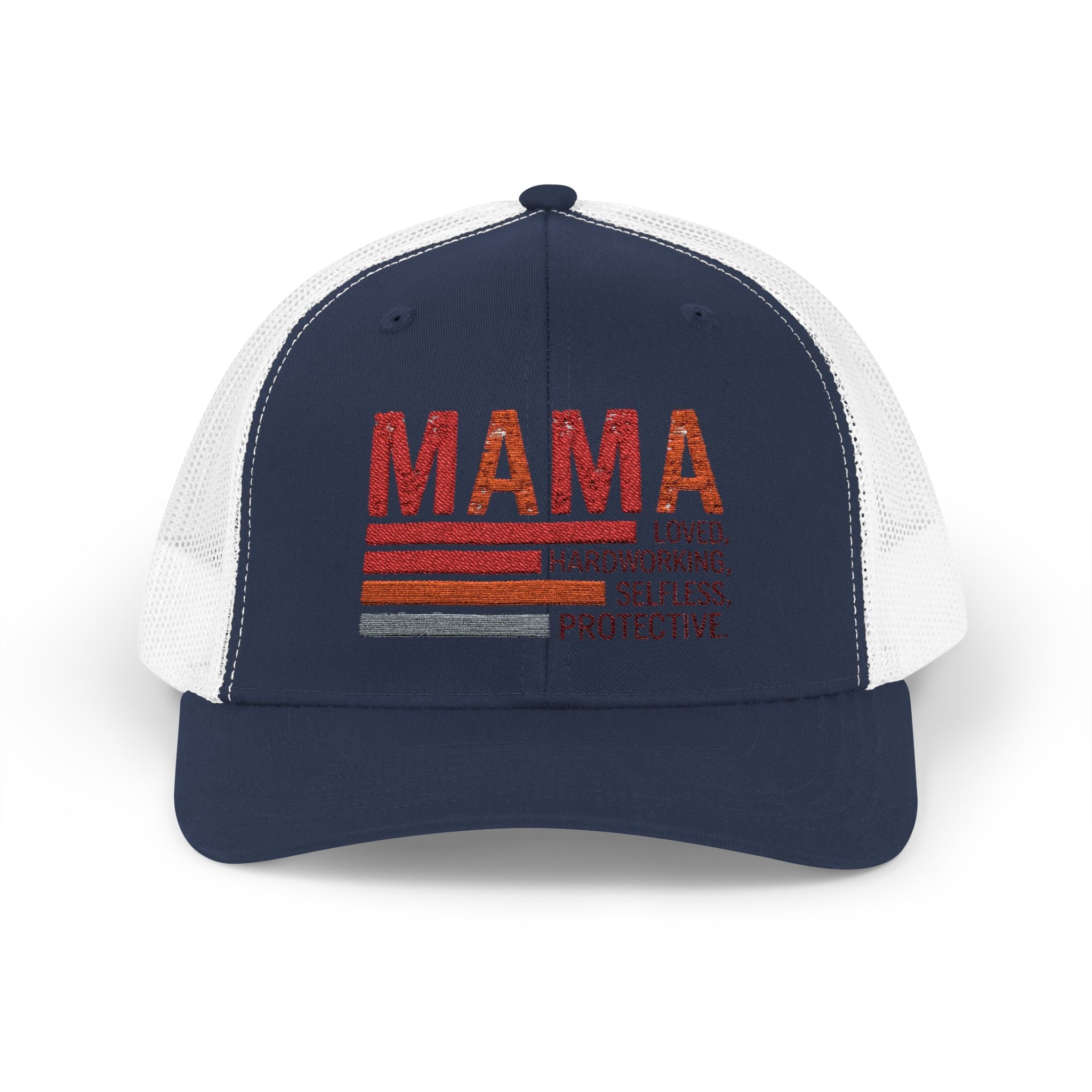 Mama Trucker Cap — Retro Stripes "Mama: Loved, Hardworking, Selfless, Protective" - Grace & Grit Boutique