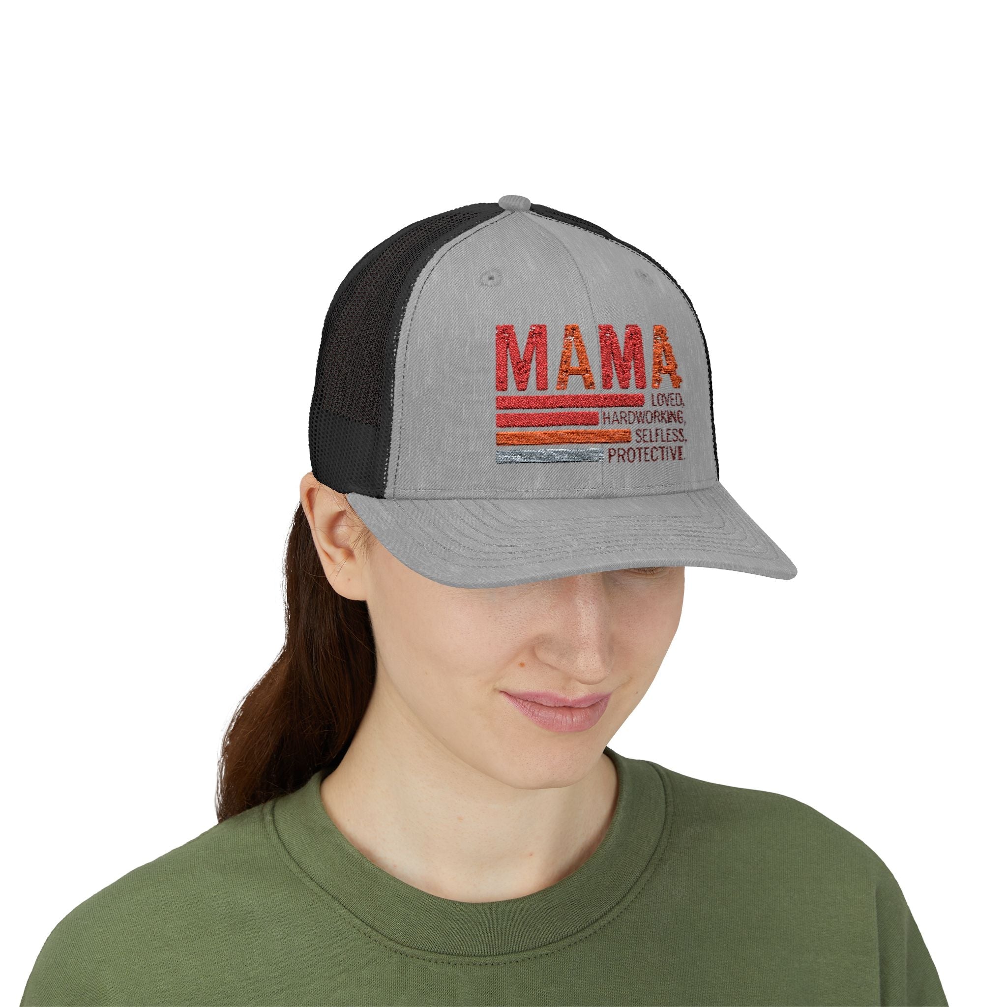 Mama Trucker Cap — Retro Stripes "Mama: Loved, Hardworking, Selfless, Protective" - Grace & Grit Boutique