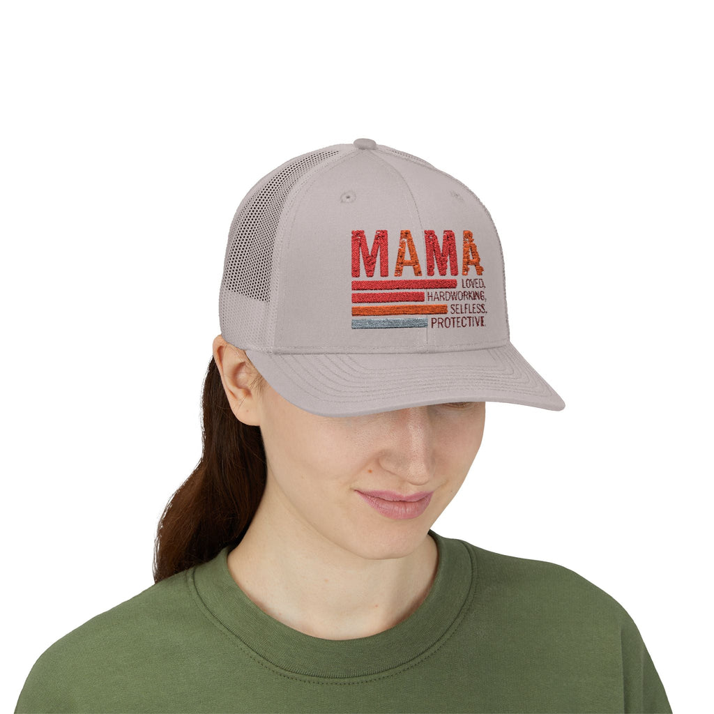 Mama Trucker Cap — Retro Stripes "Mama: Loved, Hardworking, Selfless, Protective" - Grace & Grit Boutique