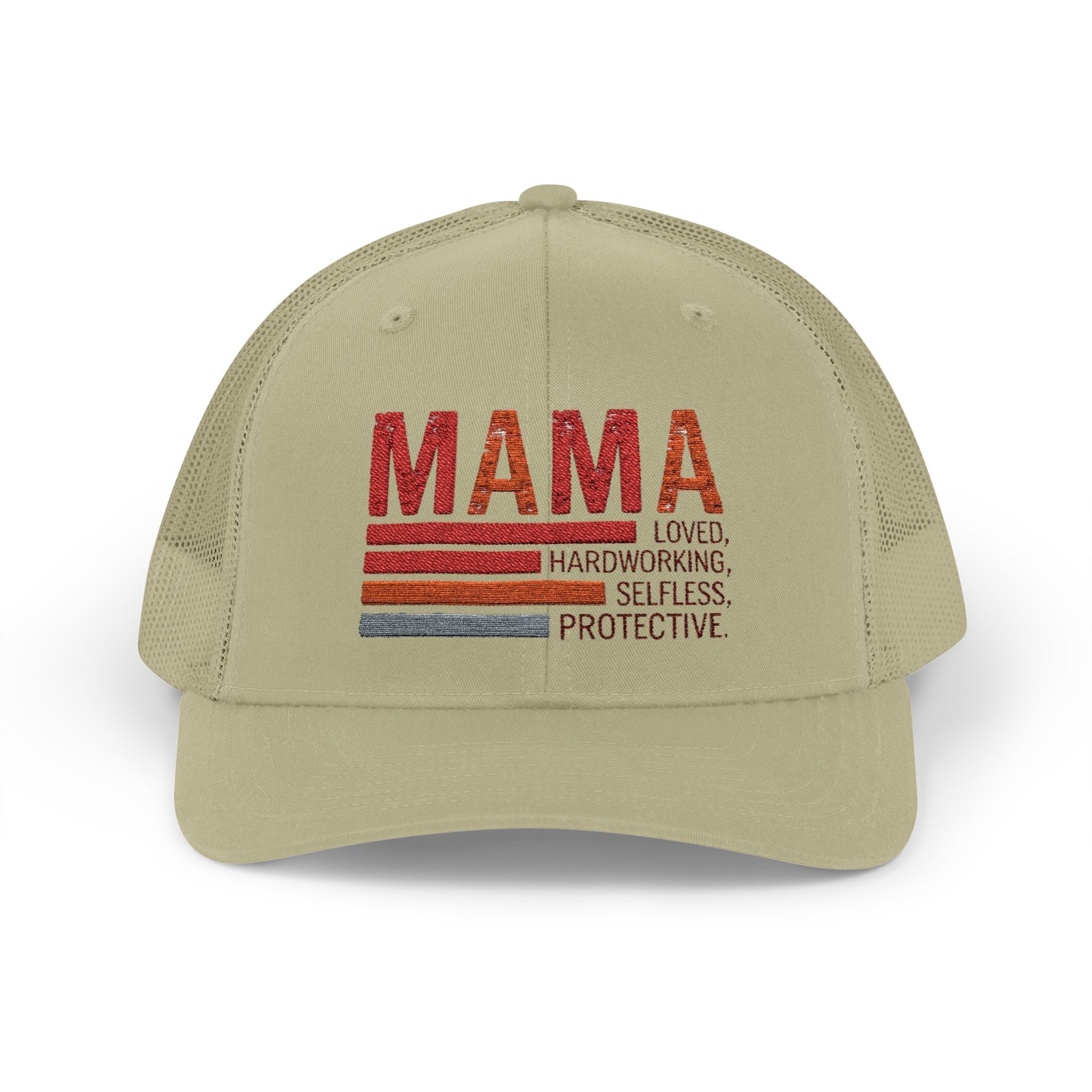 Mama Trucker Cap — Retro Stripes "Mama: Loved, Hardworking, Selfless, Protective" - Grace & Grit Boutique