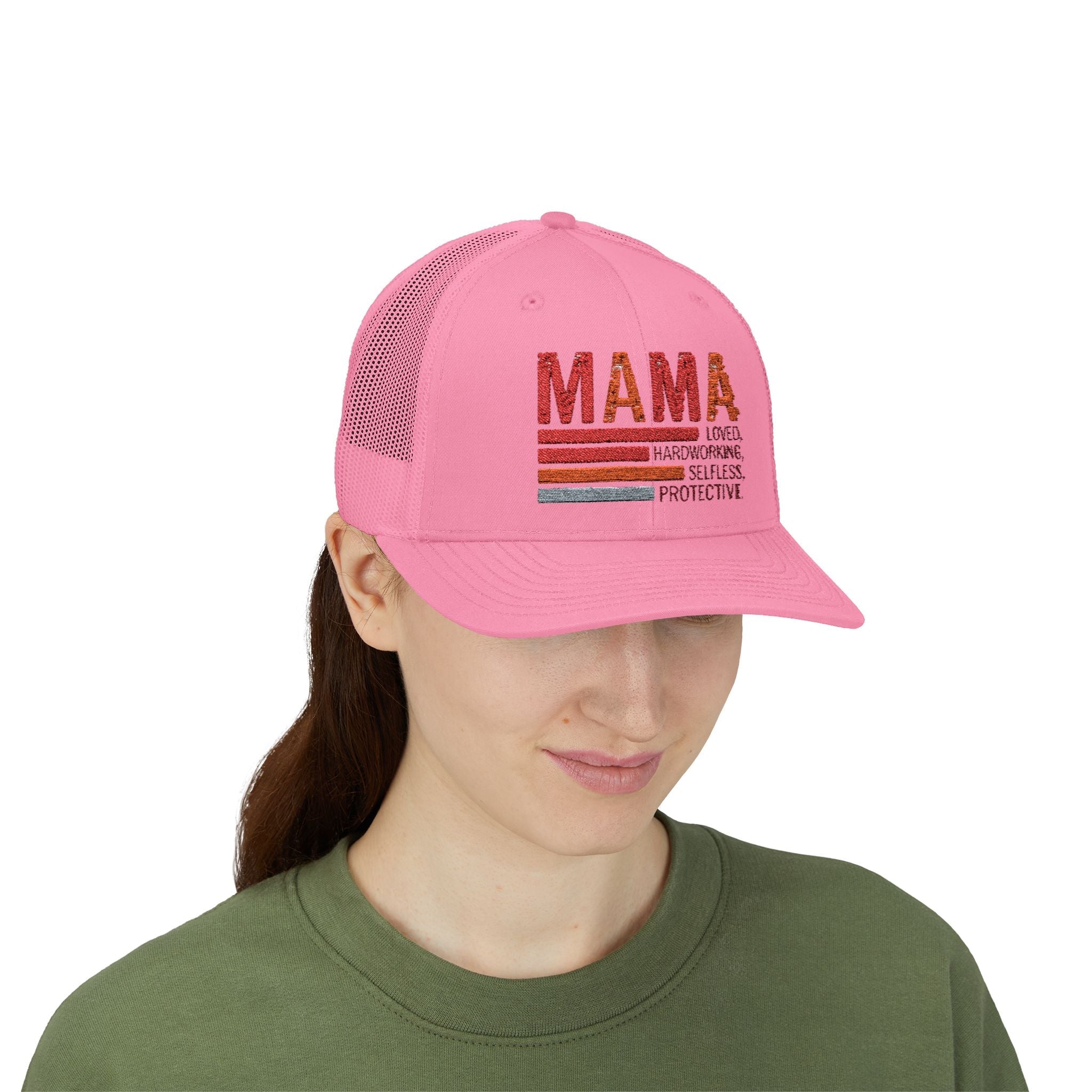 Mama Trucker Cap — Retro Stripes "Mama: Loved, Hardworking, Selfless, Protective" - Grace & Grit Boutique