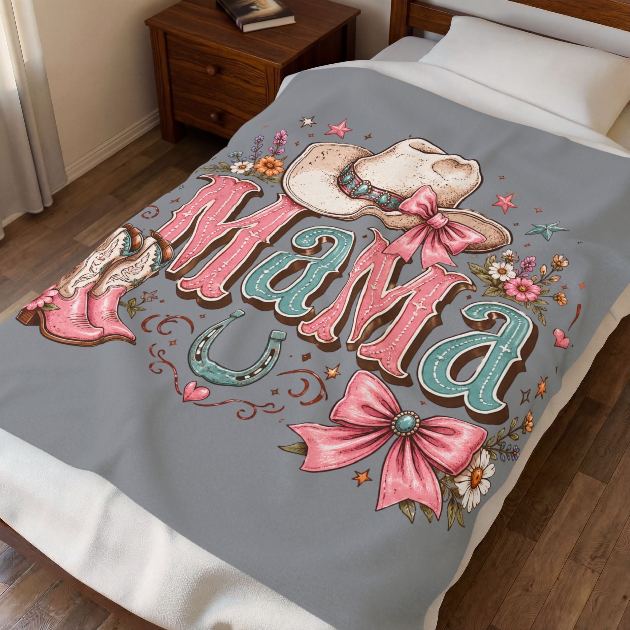 Mama Western Velveteen Plush Blanket — Cowgirl Hat, Boots & Horseshoe Cozy Throw - Grace & Grit Boutique