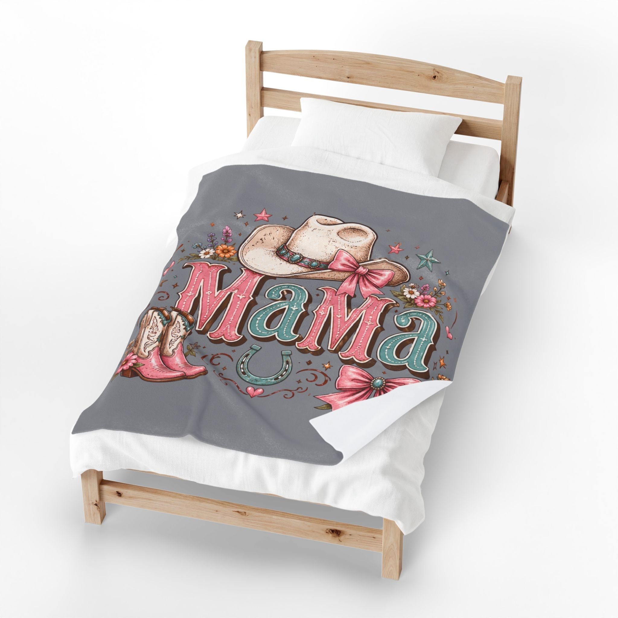 Mama Western Velveteen Plush Blanket — Cowgirl Hat, Boots & Horseshoe Cozy Throw - Grace & Grit Boutique