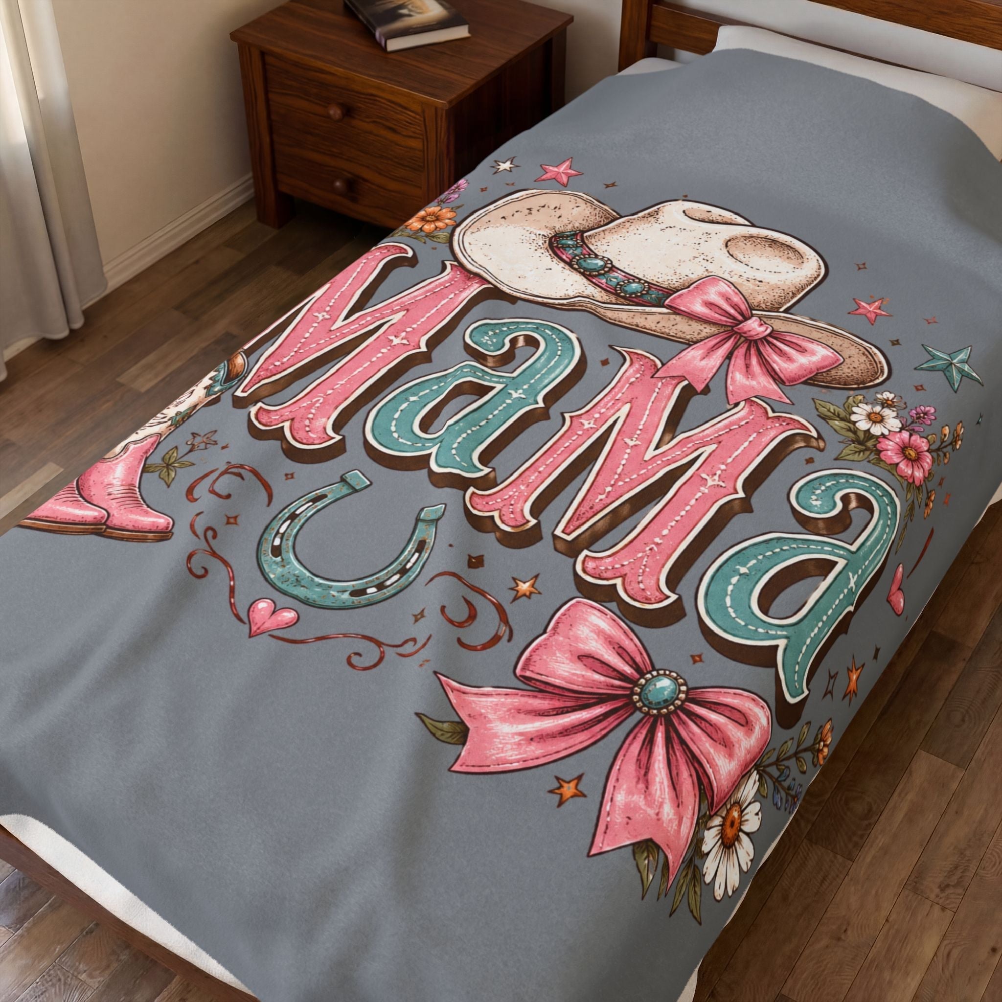 Mama Western Velveteen Plush Blanket — Cowgirl Hat, Boots & Horseshoe Cozy Throw - Grace & Grit Boutique