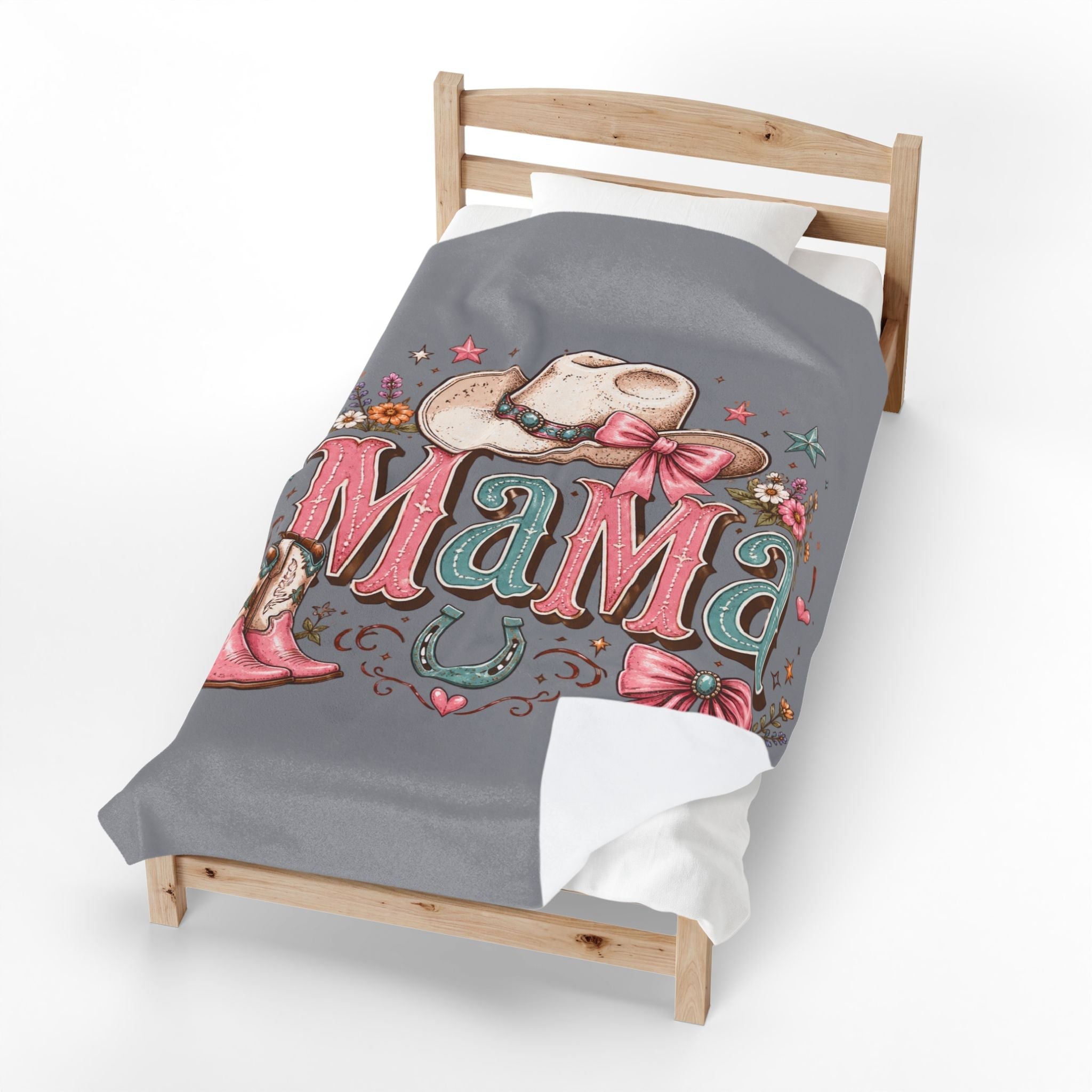 Mama Western Velveteen Plush Blanket — Cowgirl Hat, Boots & Horseshoe Cozy Throw - Grace & Grit Boutique