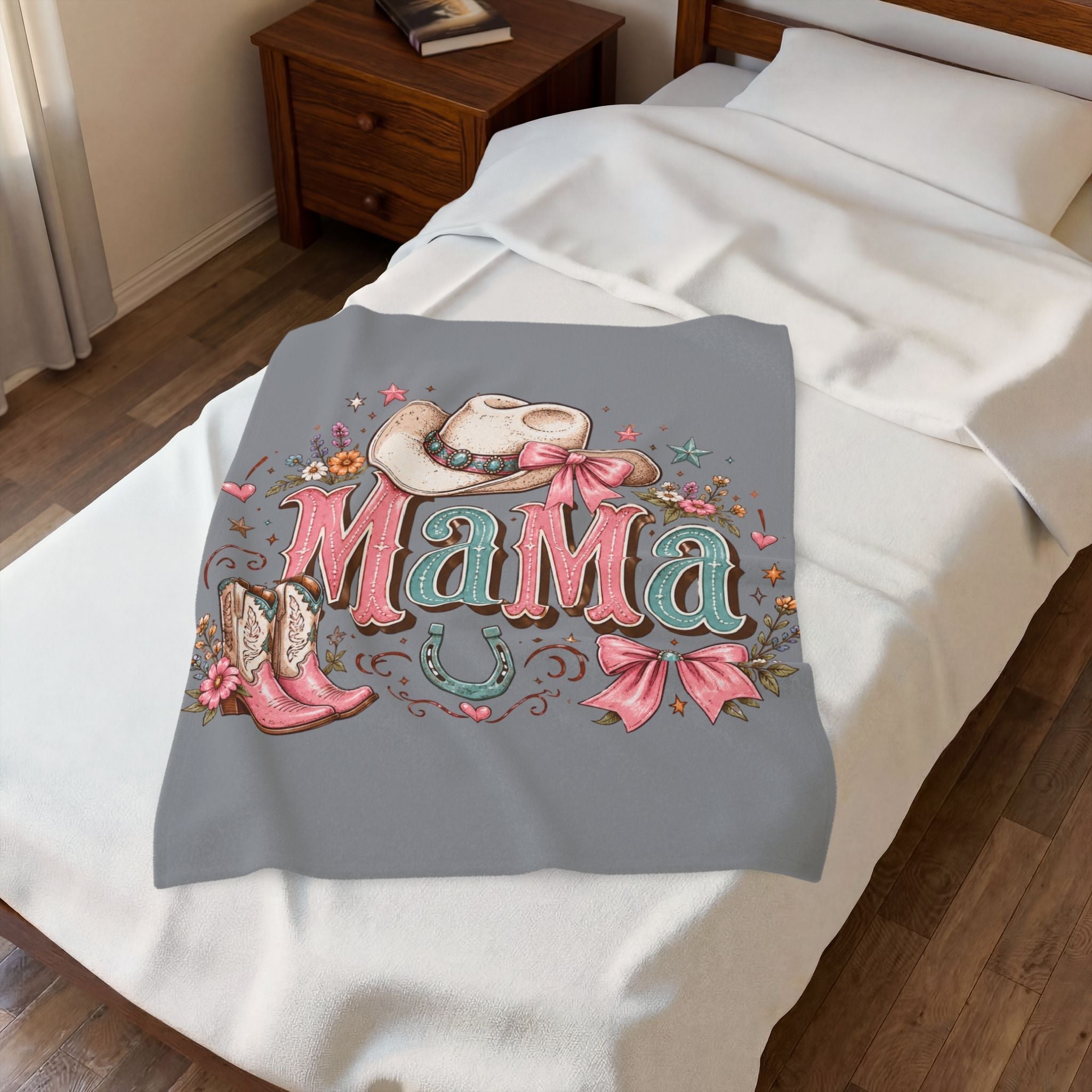 Mama Western Velveteen Plush Blanket — Cowgirl Hat, Boots & Horseshoe Cozy Throw - Grace & Grit Boutique