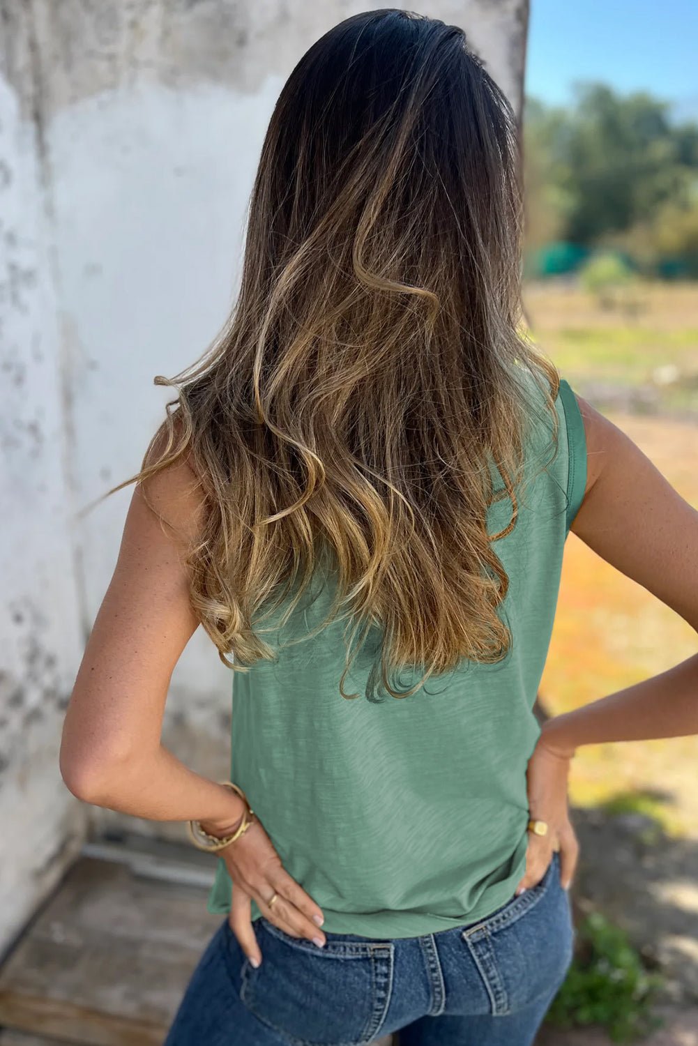 Mist Green Metallic Sheen Edge Scoop Neck Tank Top - Grace & Grit Boutique