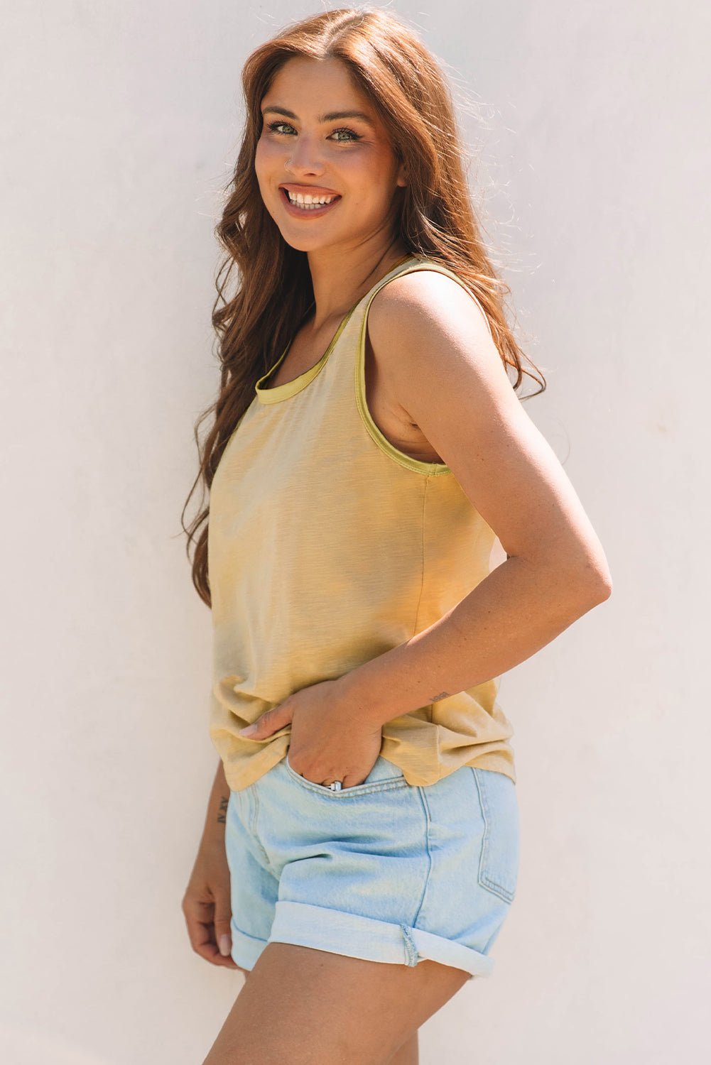 Mist Green Metallic Sheen Edge Scoop Neck Tank Top - Grace & Grit Boutique