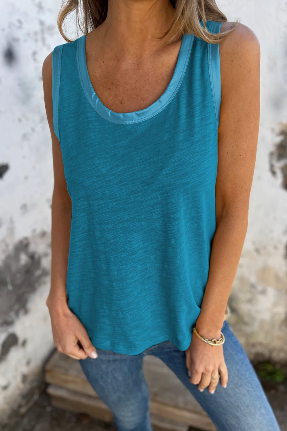 Mist Green Metallic Sheen Edge Scoop Neck Tank Top - Grace & Grit Boutique