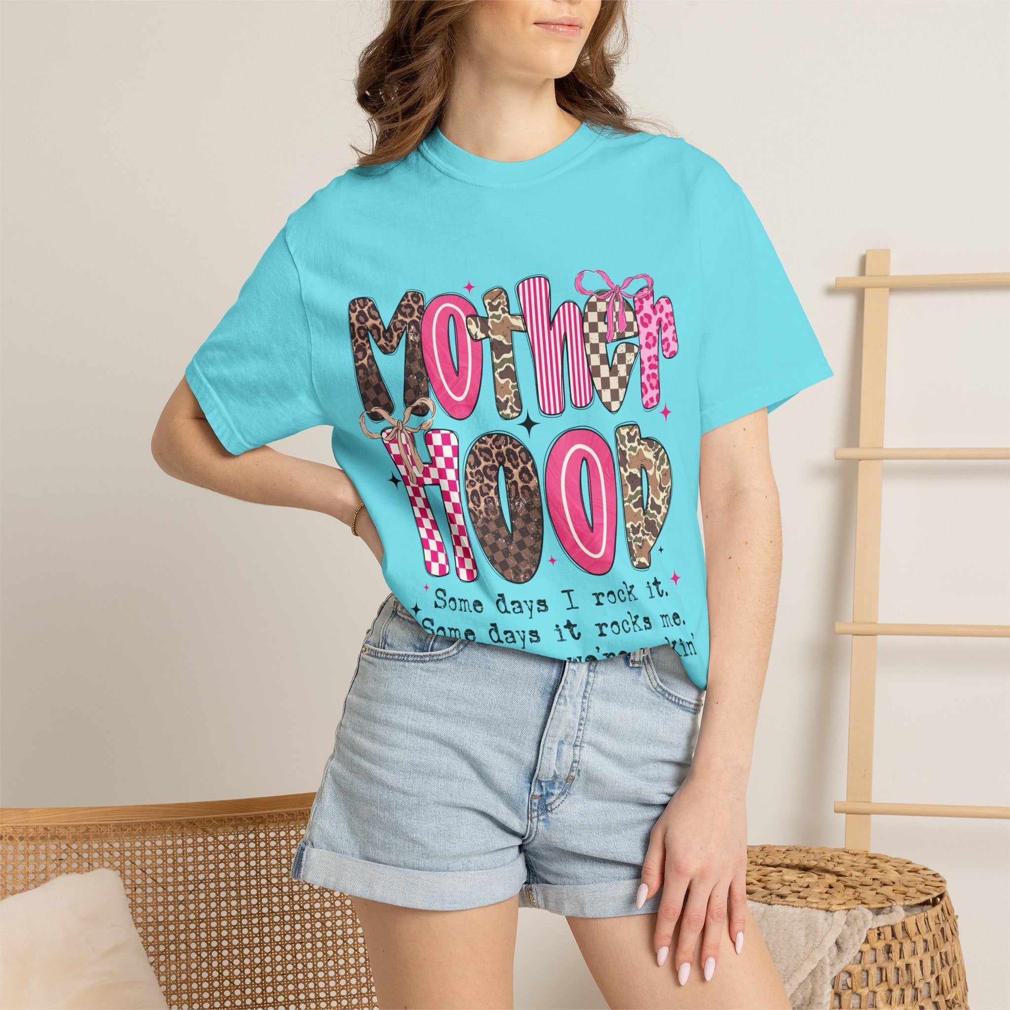 Motherhood Mood T-Shirt | pink leopard, cowgirl boots, playful typography - Grace & Grit Boutique