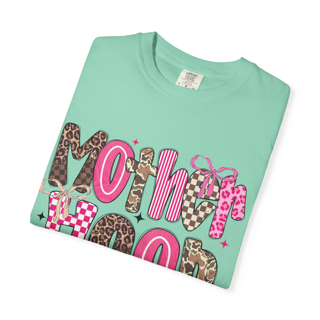 Motherhood Mood T-Shirt | pink leopard, cowgirl boots, playful typography - Grace & Grit Boutique