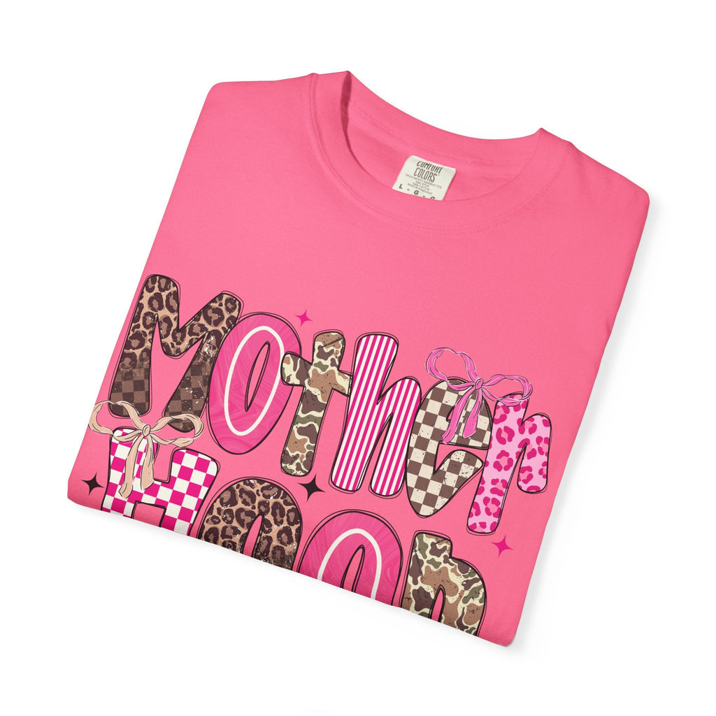 Motherhood Mood T-Shirt | pink leopard, cowgirl boots, playful typography - Grace & Grit Boutique