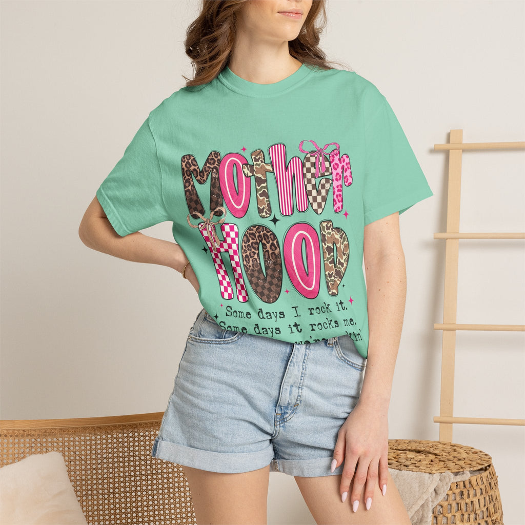 Motherhood Mood T-Shirt | pink leopard, cowgirl boots, playful typography - Grace & Grit Boutique