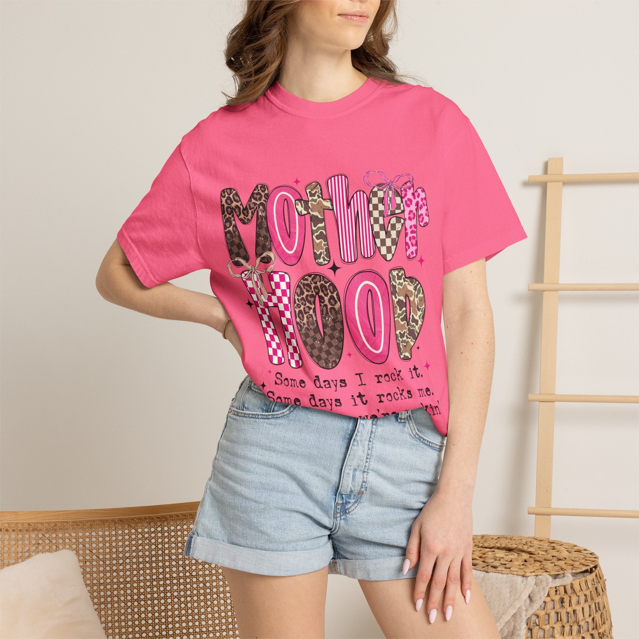 Motherhood Mood T-Shirt | pink leopard, cowgirl boots, playful typography - Grace & Grit Boutique