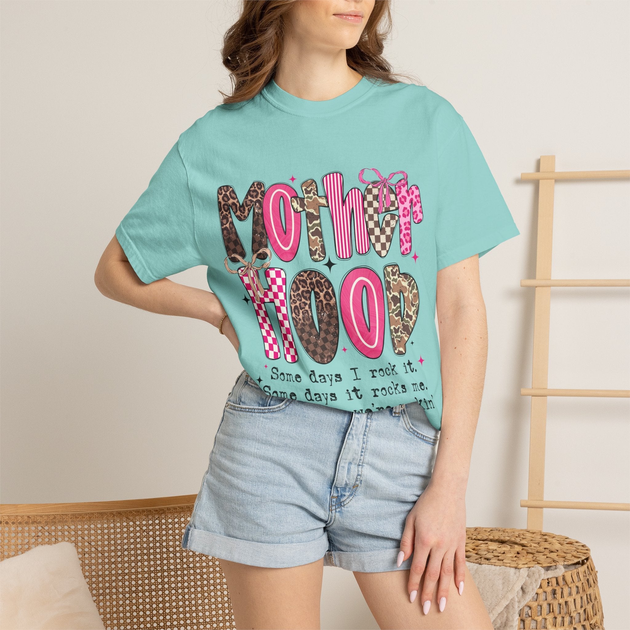 Motherhood Mood T-Shirt | pink leopard, cowgirl boots, playful typography - Grace & Grit Boutique