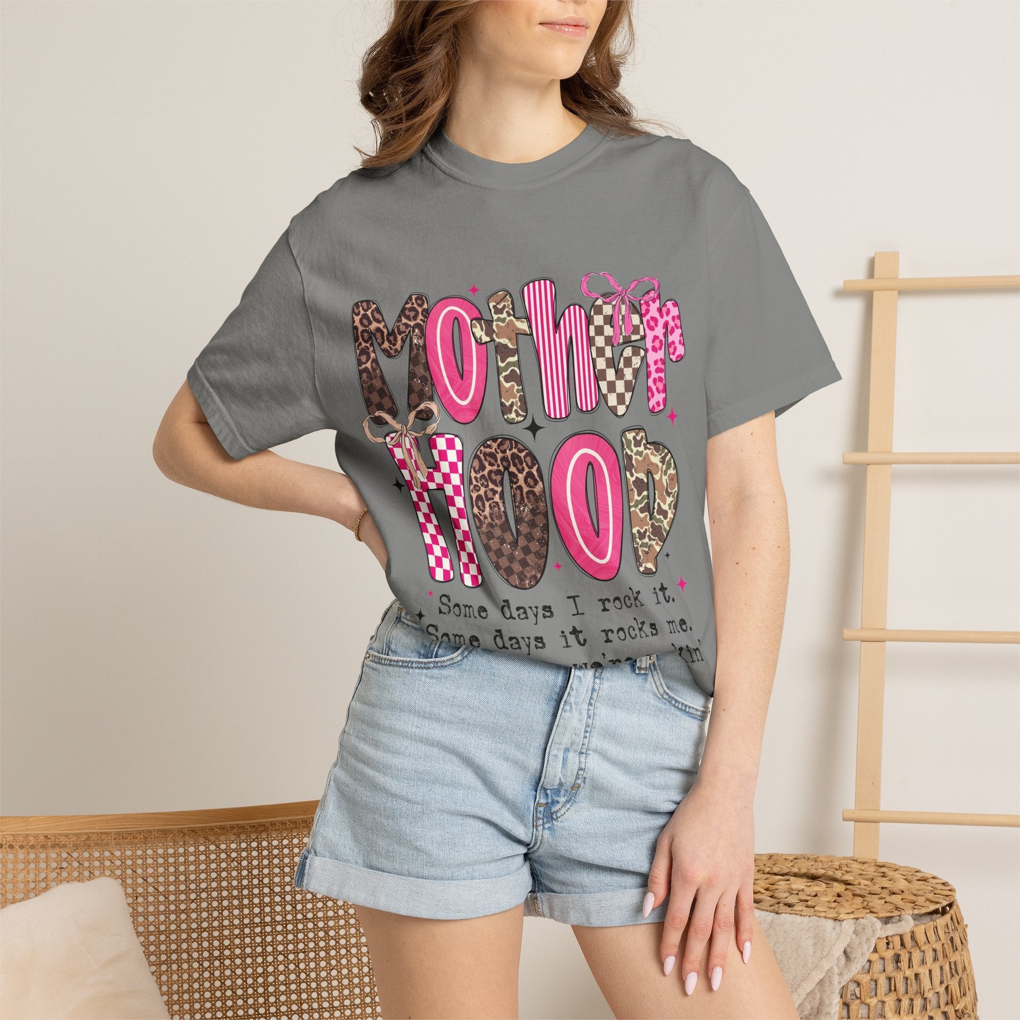Motherhood Mood T-Shirt | pink leopard, cowgirl boots, playful typography - Grace & Grit Boutique