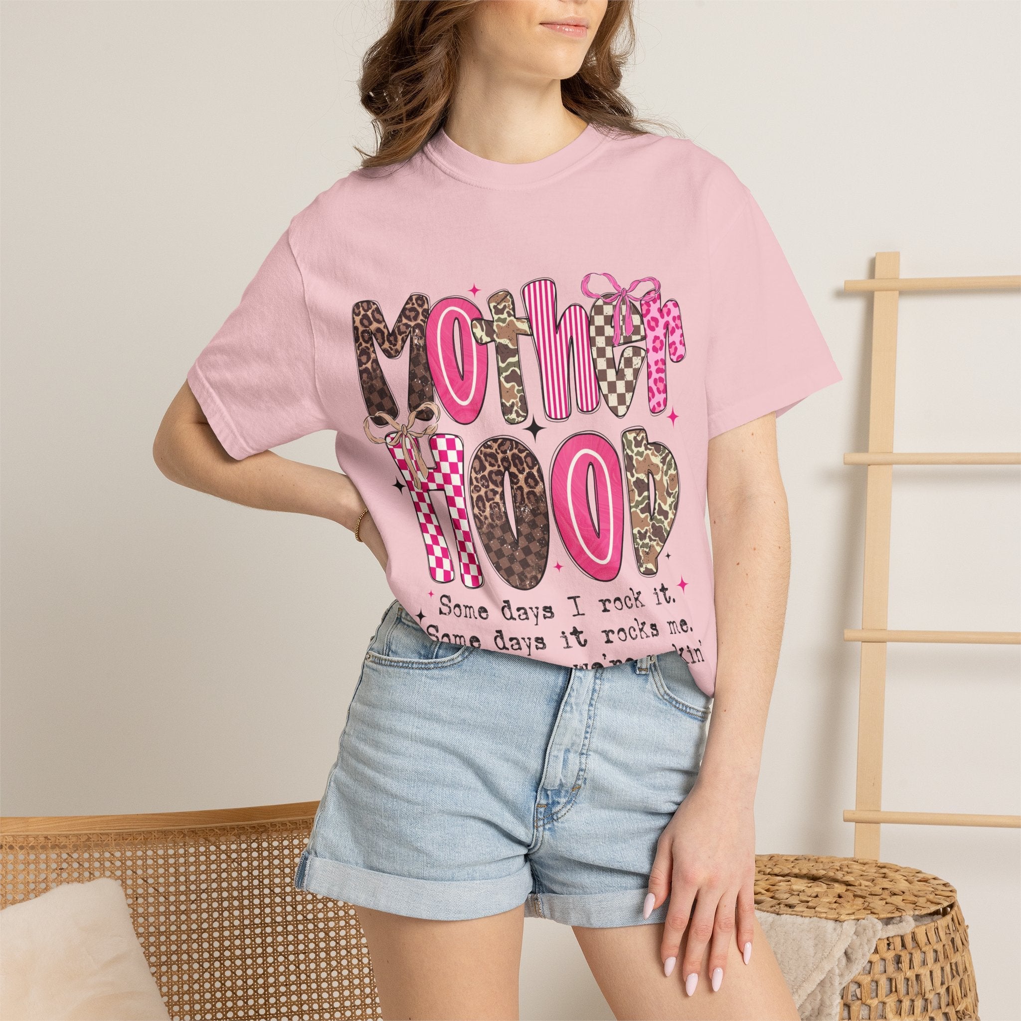Motherhood Mood T-Shirt | pink leopard, cowgirl boots, playful typography - Grace & Grit Boutique