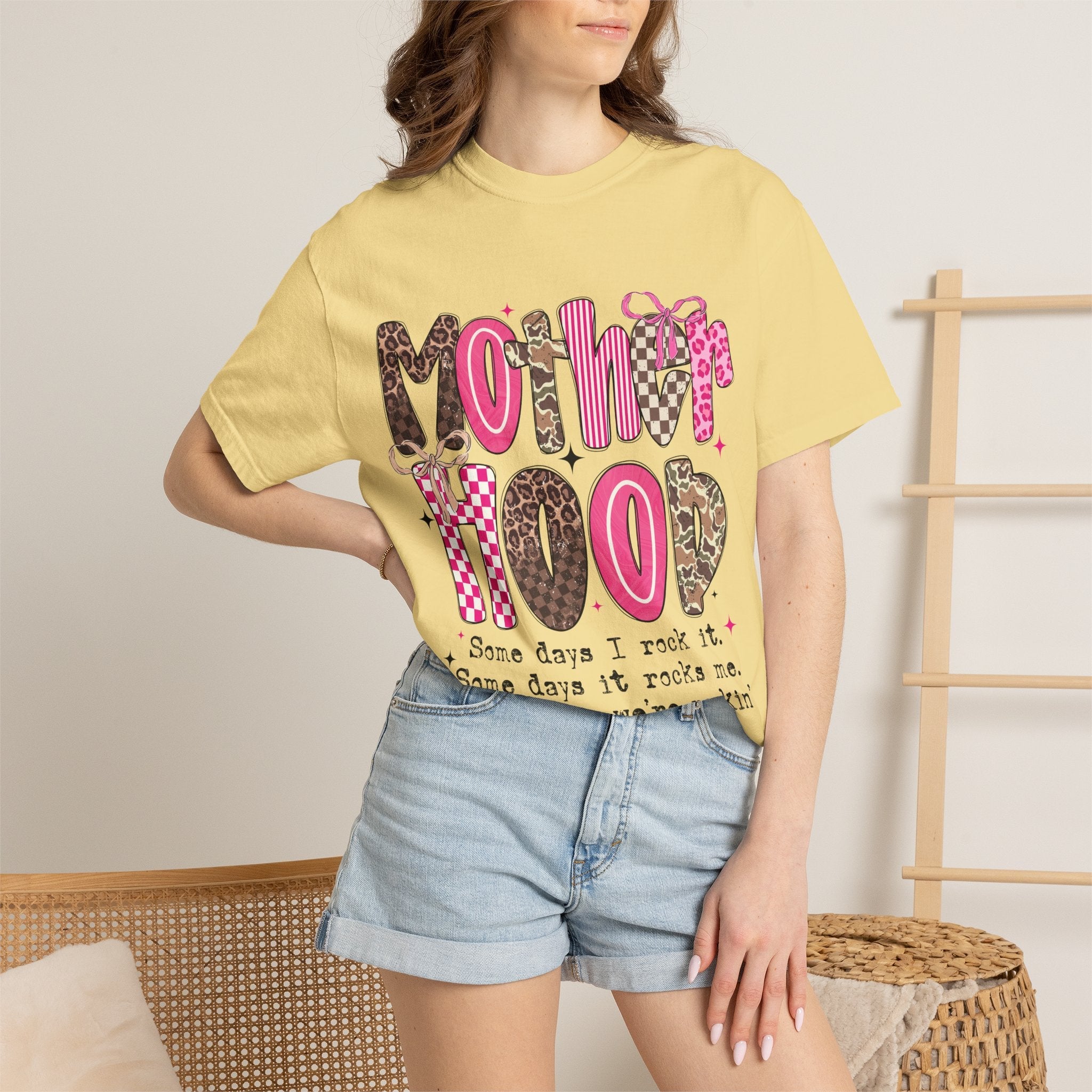 Motherhood Mood T-Shirt | pink leopard, cowgirl boots, playful typography - Grace & Grit Boutique