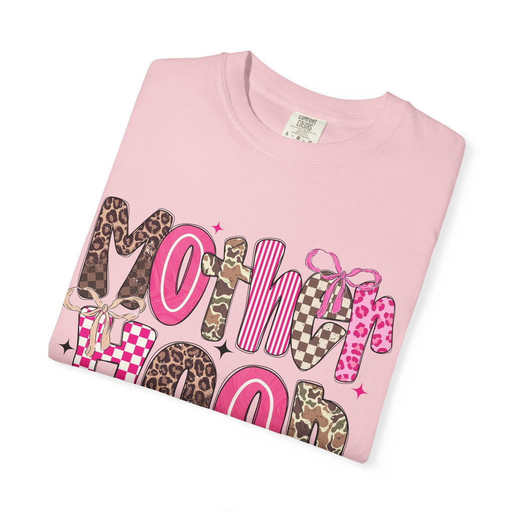Motherhood Mood T-Shirt | pink leopard, cowgirl boots, playful typography - Grace & Grit Boutique