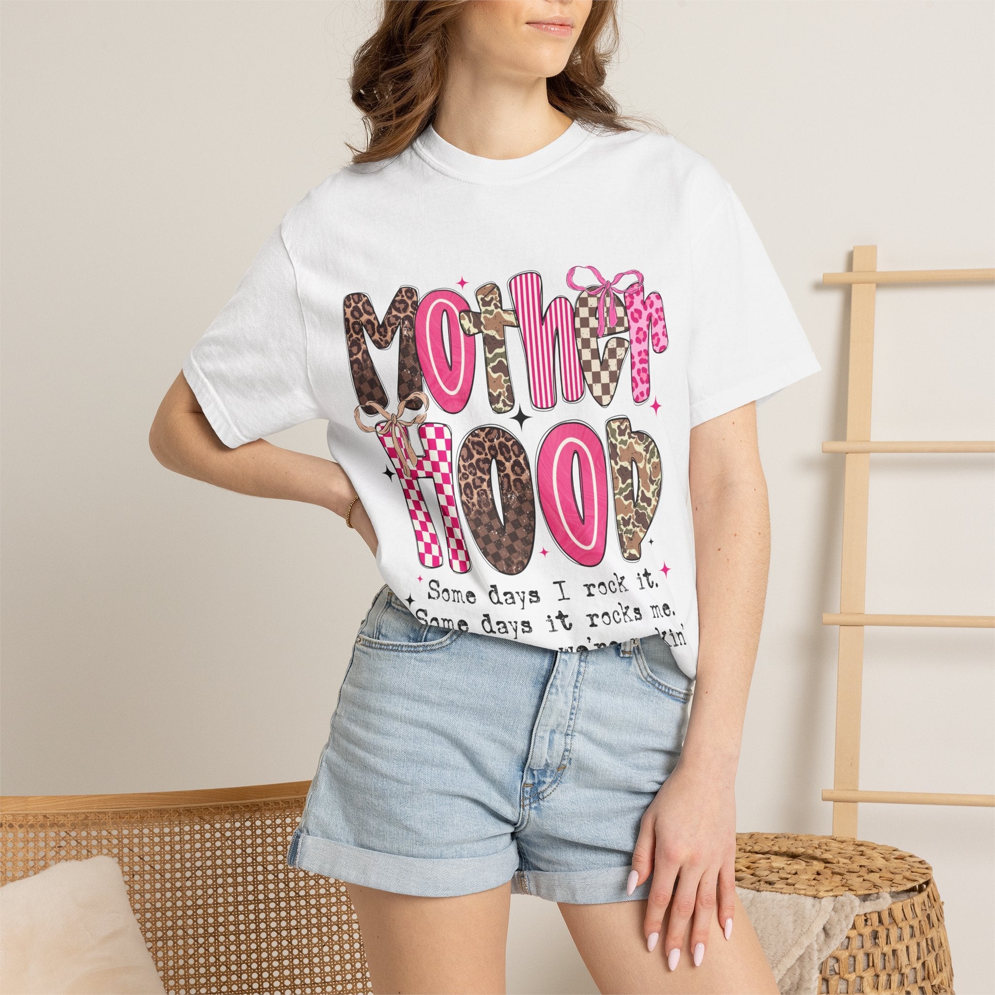 Motherhood Mood T-Shirt | pink leopard, cowgirl boots, playful typography - Grace & Grit Boutique