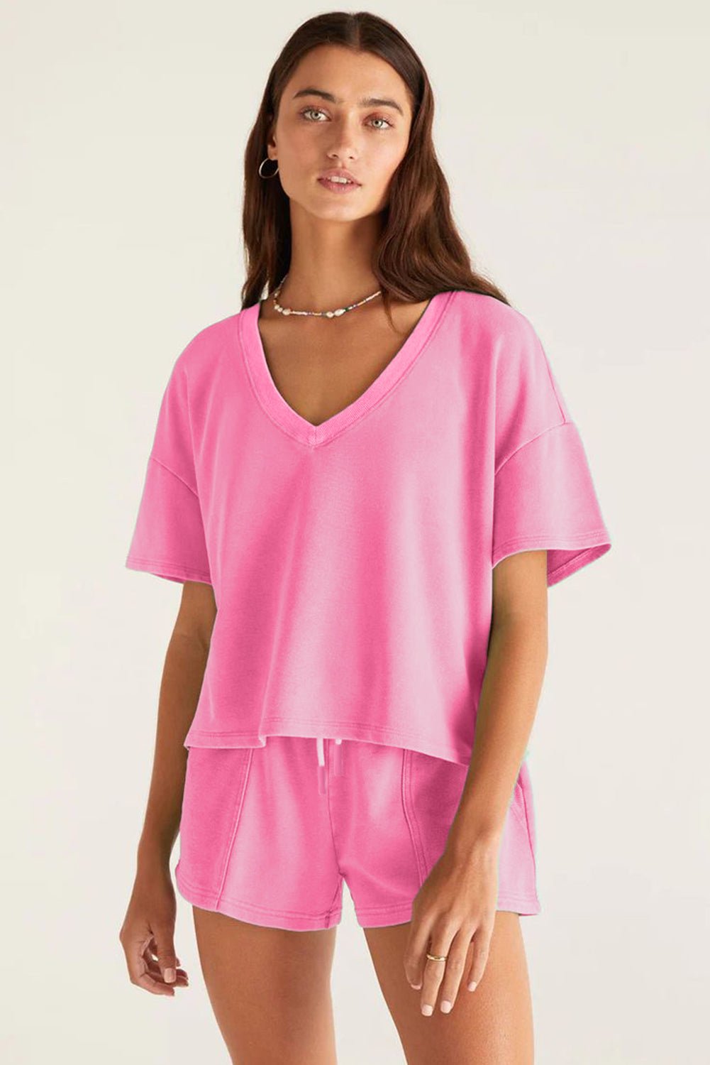 Myosotis V Neck Drop Shoulder Tee and Patchwork Drawstring Elastic Waistband Shorts Set - Grace & Grit Boutique