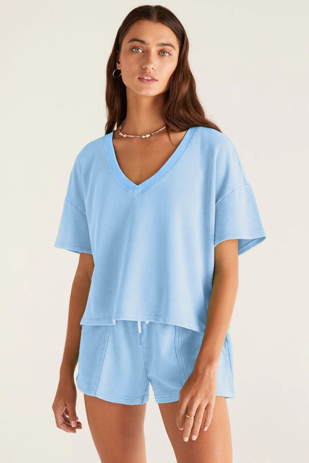 Myosotis V Neck Drop Shoulder Tee and Patchwork Drawstring Elastic Waistband Shorts Set - Grace & Grit Boutique