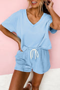 Myosotis V Neck Drop Shoulder Tee and Patchwork Drawstring Elastic Waistband Shorts Set - Grace & Grit Boutique