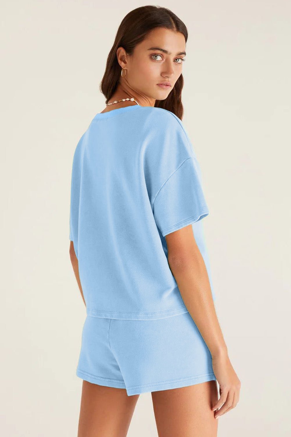 Myosotis V Neck Drop Shoulder Tee and Patchwork Drawstring Elastic Waistband Shorts Set - Grace & Grit Boutique
