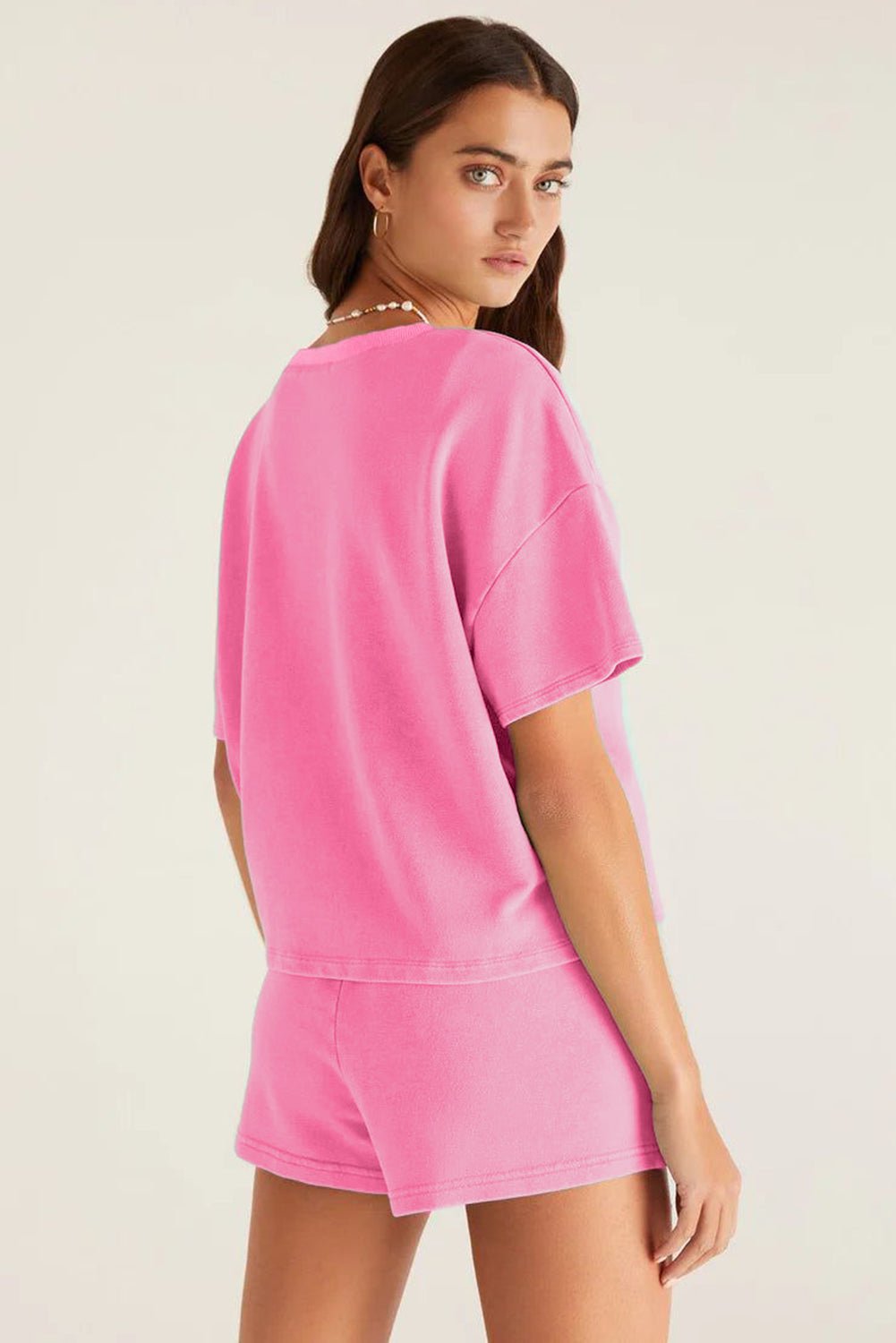 Myosotis V Neck Drop Shoulder Tee and Patchwork Drawstring Elastic Waistband Shorts Set - Grace & Grit Boutique