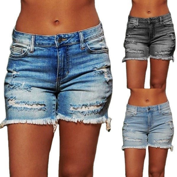 New Style Ripped Fringed High Stretch Denim Shorts Women - Grace & Grit Boutique