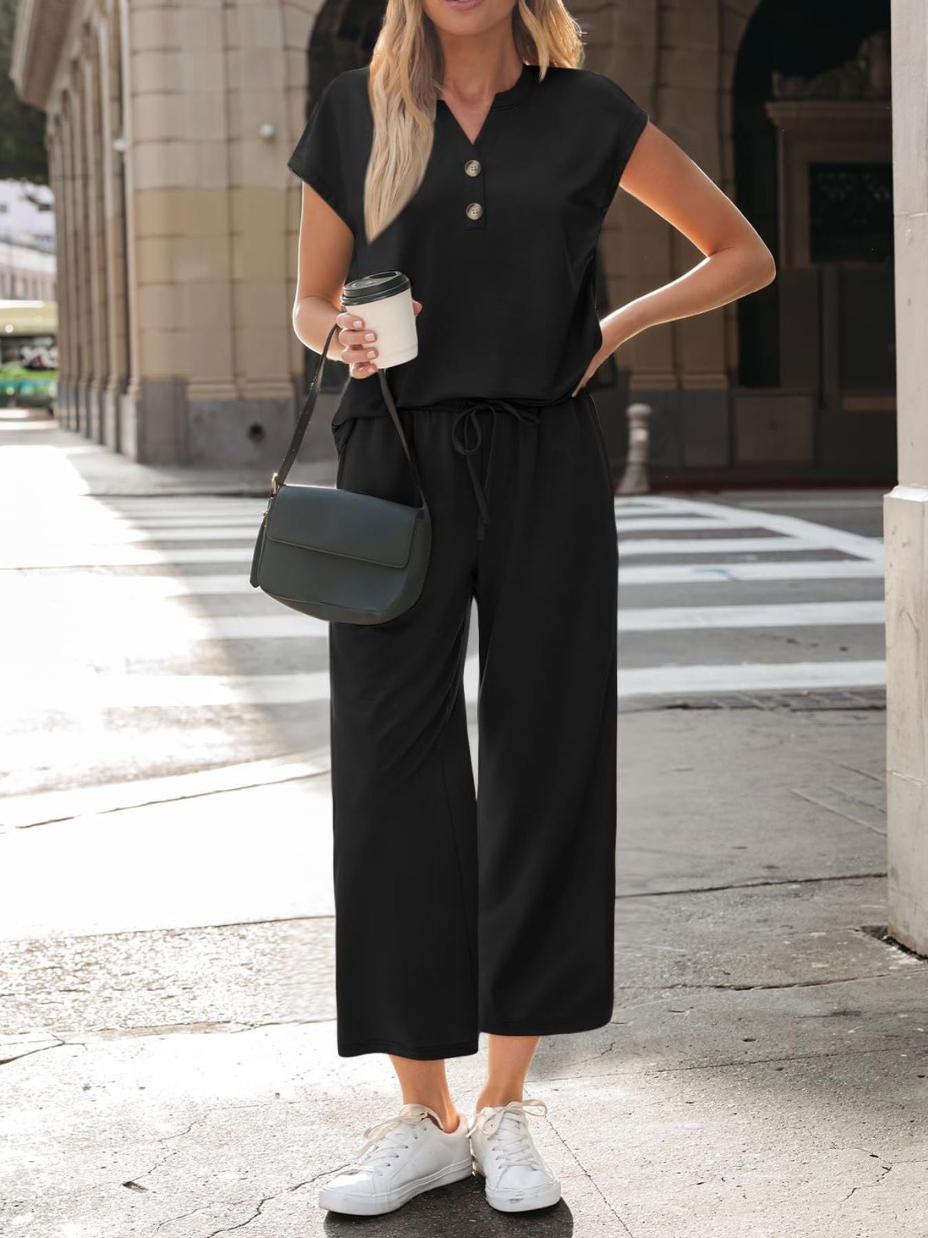 Notched Short Sleeve Top and Pants Set - Grace & Grit Boutique