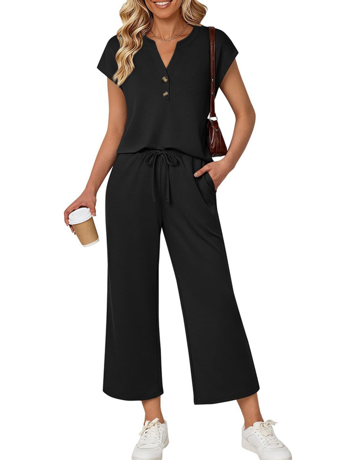 Notched Short Sleeve Top and Pants Set - Grace & Grit Boutique