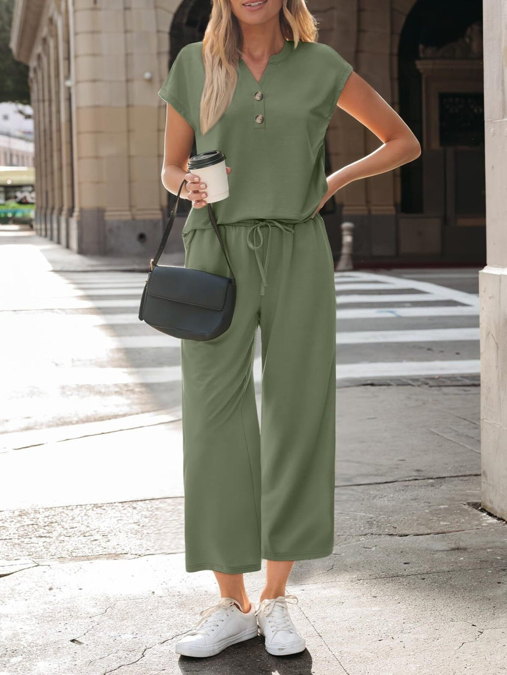 Notched Short Sleeve Top and Pants Set - Grace & Grit Boutique