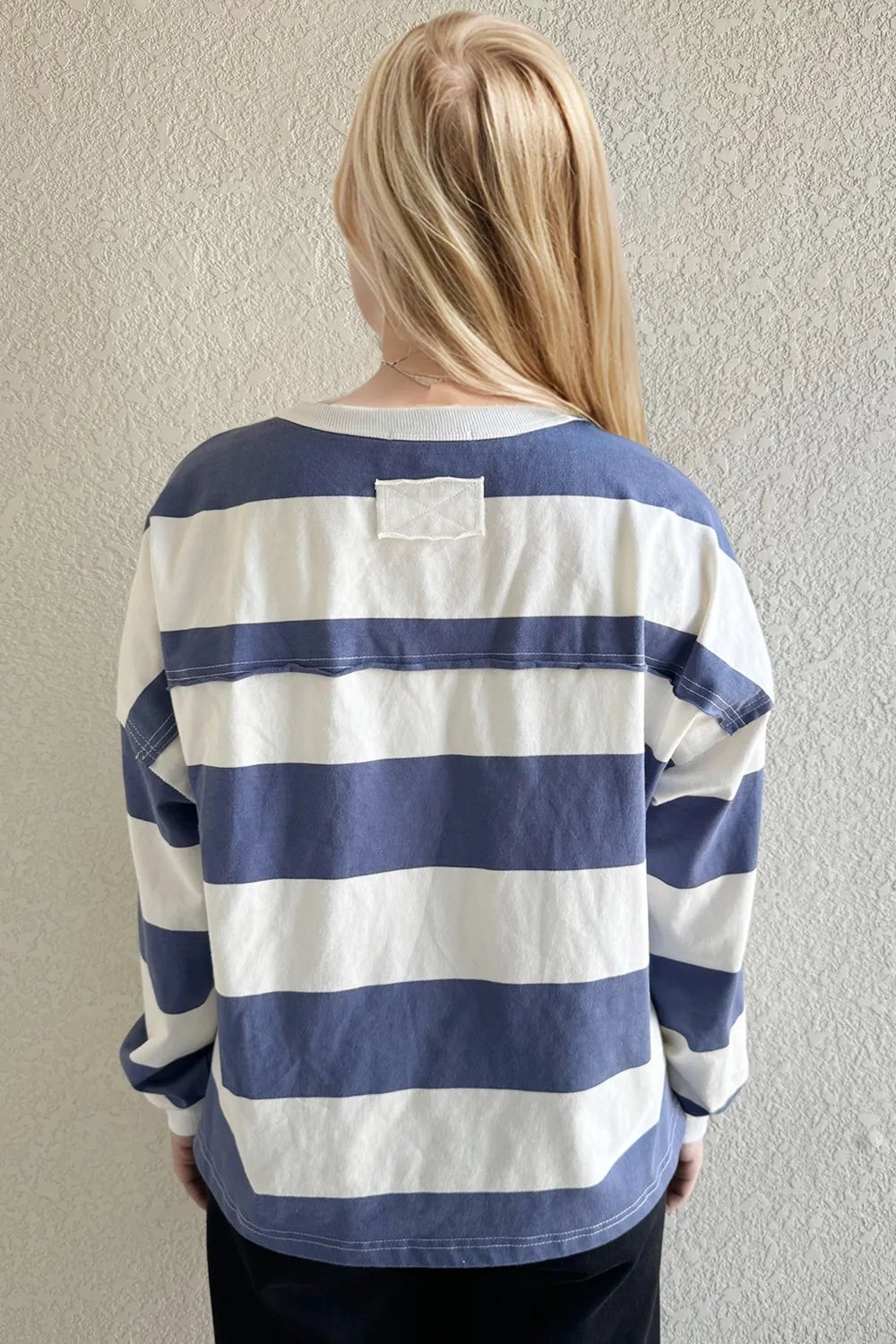 Oh Pima Cotton Wash Exposed Seam Contrast Striped Round Neck Long Sleeve T-Shirt - Grace & Grit Boutique