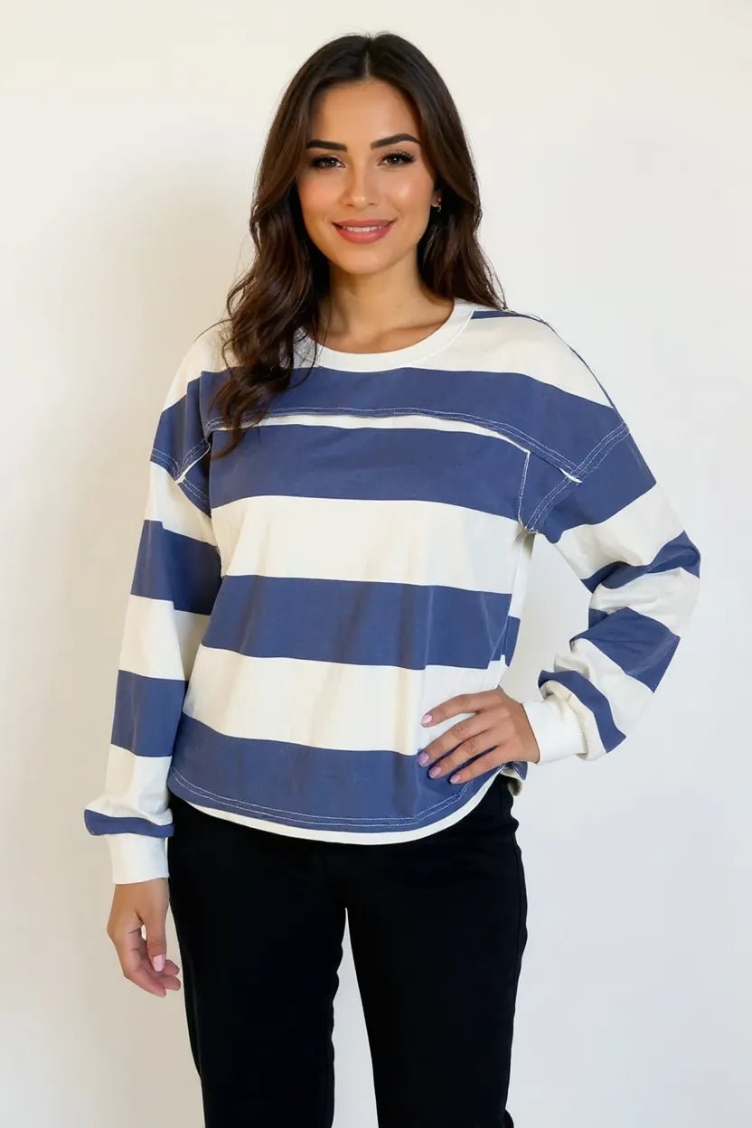 Oh Pima Cotton Wash Exposed Seam Contrast Striped Round Neck Long Sleeve T-Shirt - Grace & Grit Boutique