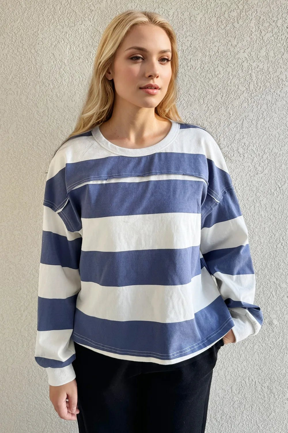 Oh Pima Cotton Wash Exposed Seam Contrast Striped Round Neck Long Sleeve T-Shirt - Grace & Grit Boutique